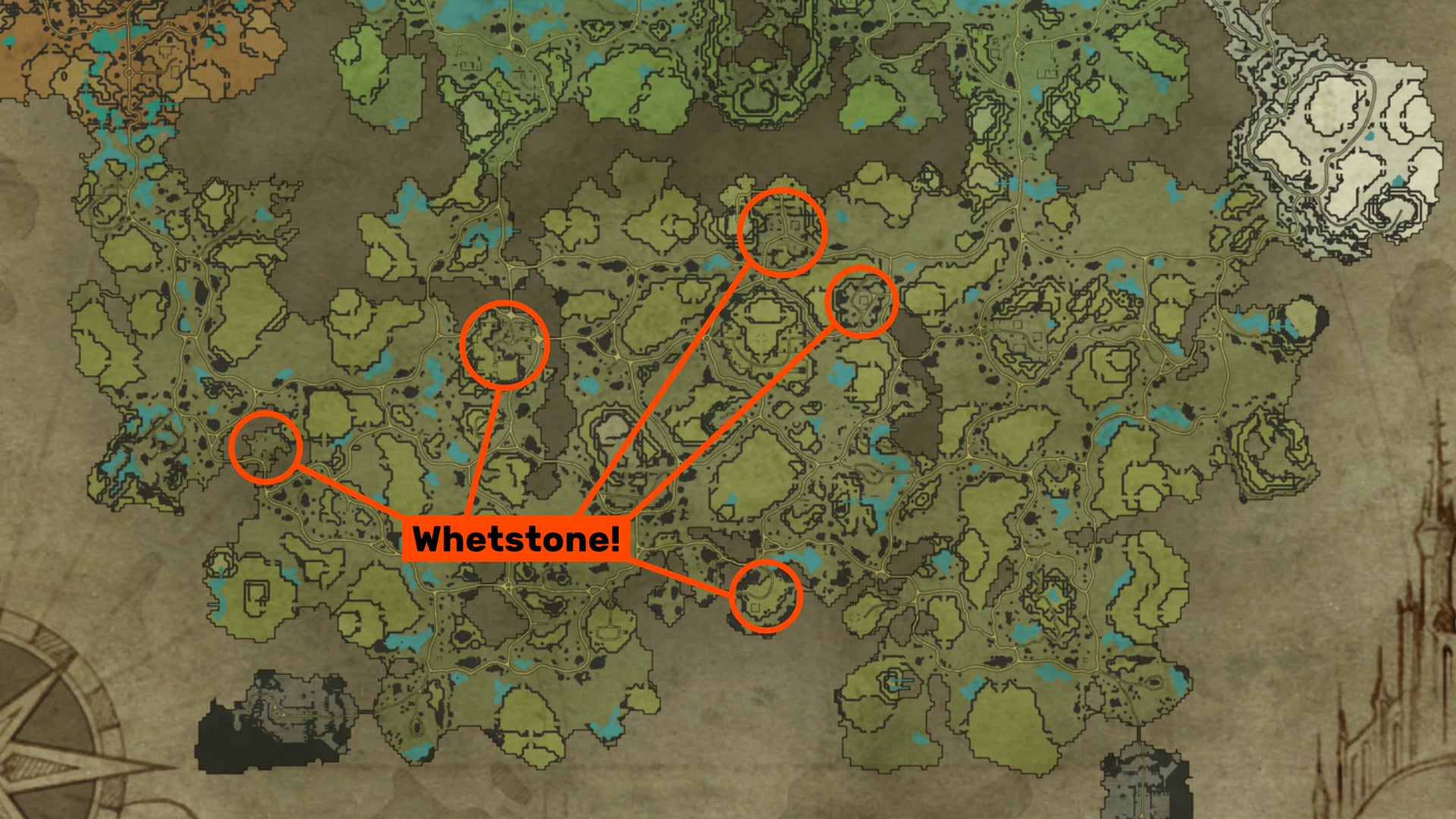 A map of the Farbane Woods in V Rising, with the locations where you can find Whetstone circled in orange.