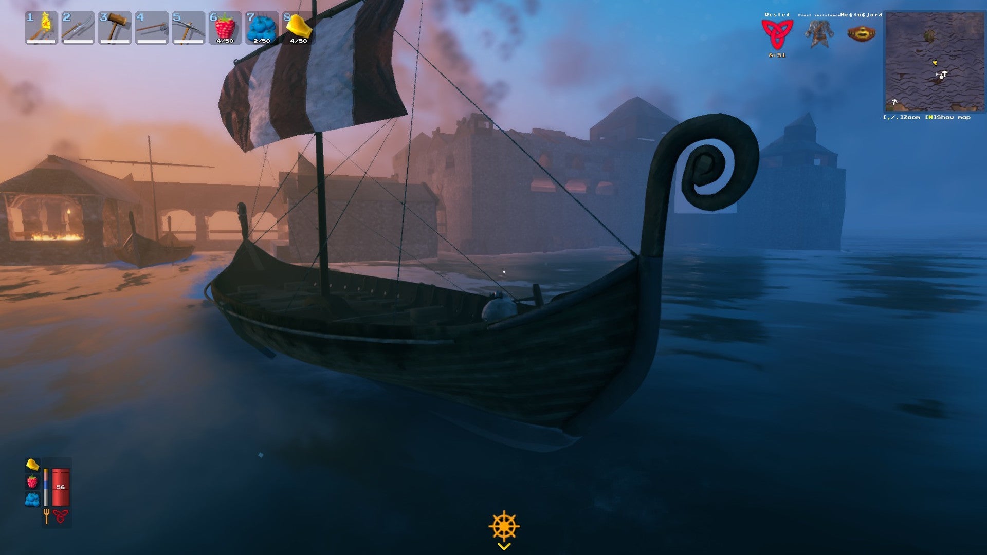 A Valheim screenshot of a Longboat in the sea, with a settlement in the background.