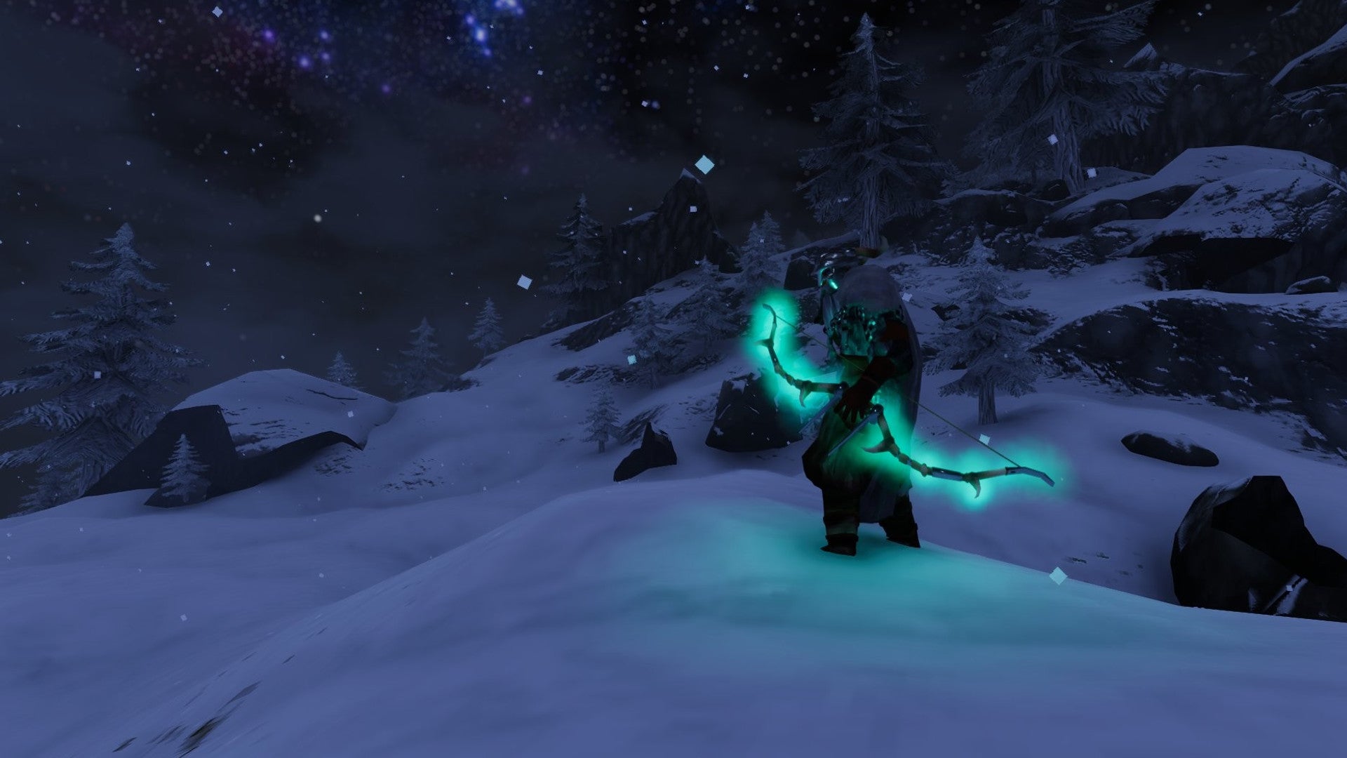 A Valheim screenshot of a late-game player in a Mountains biome, wielding a Draugr Fang bow.