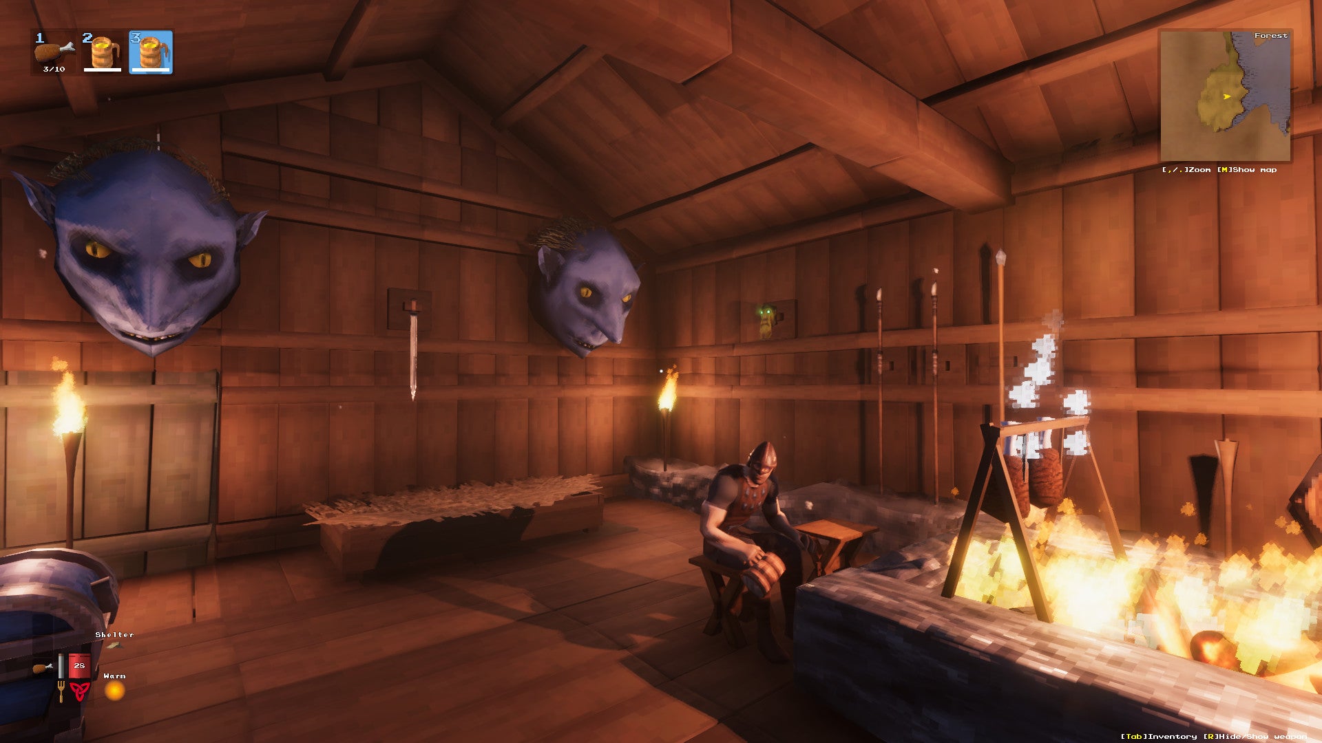 A Valheim screenshot of a house interior, with weapons and trophies on the wall and a player in the foreground sitting on a stool.