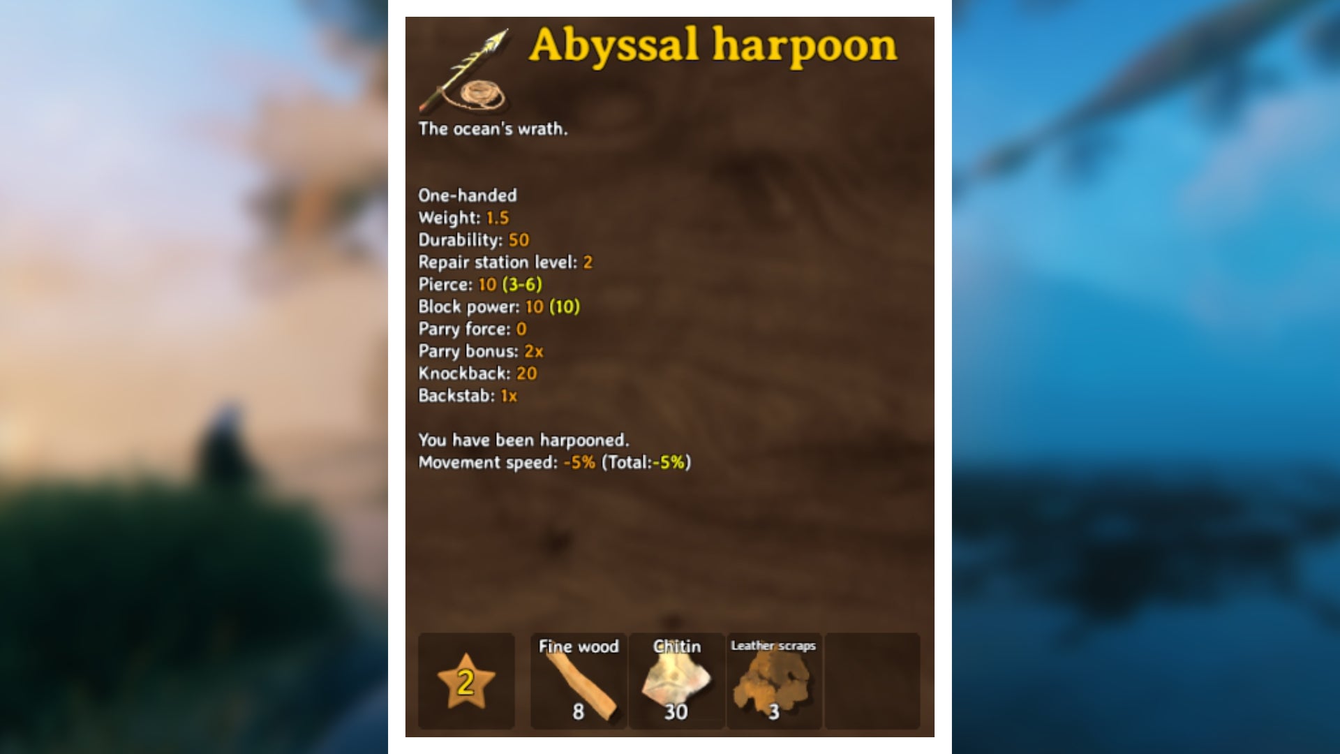 A Valheim screenshot displaying the stats of an Abyssal Harpoon.
