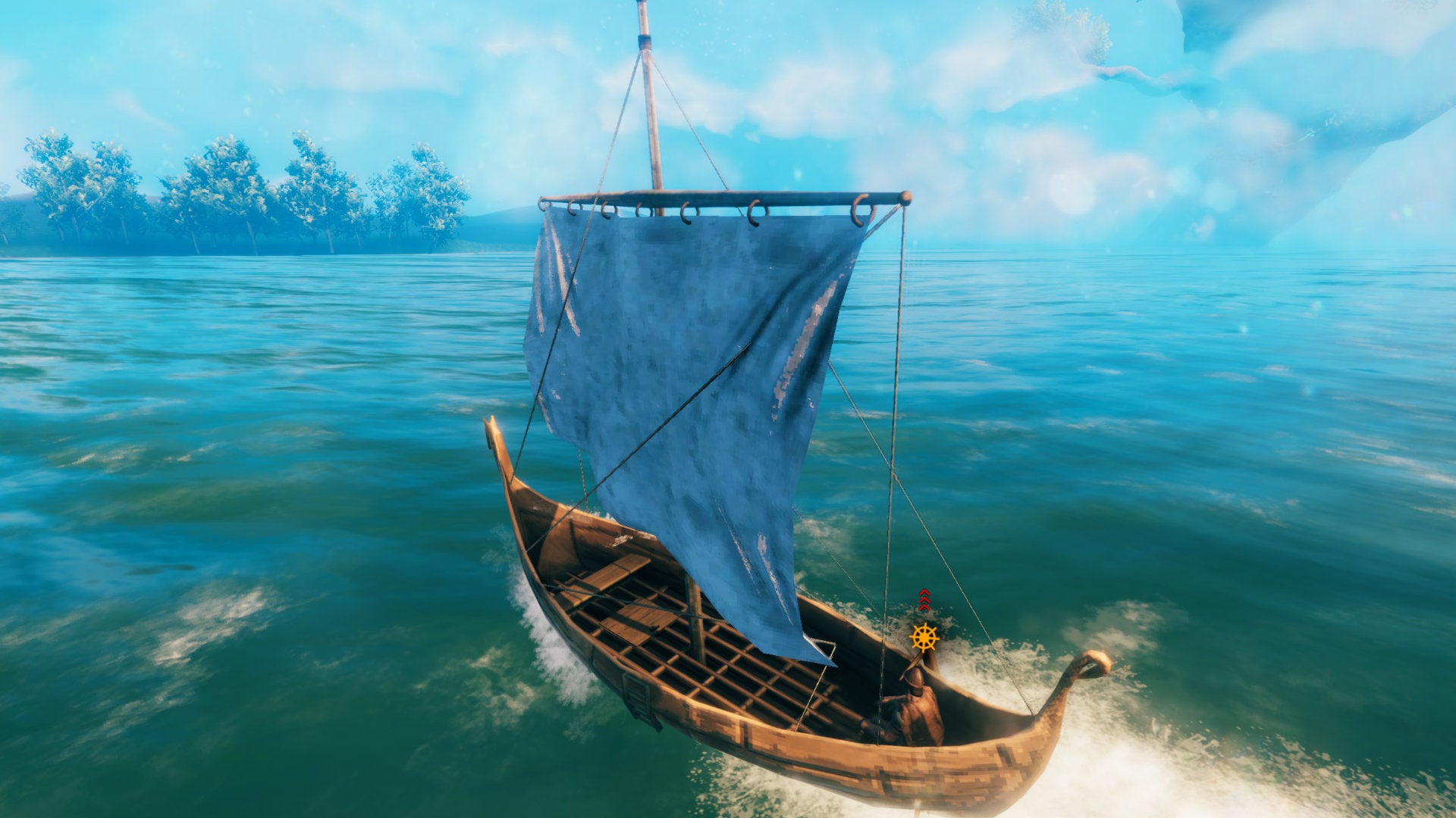 A Valheim screenshot of a Karve at sea.