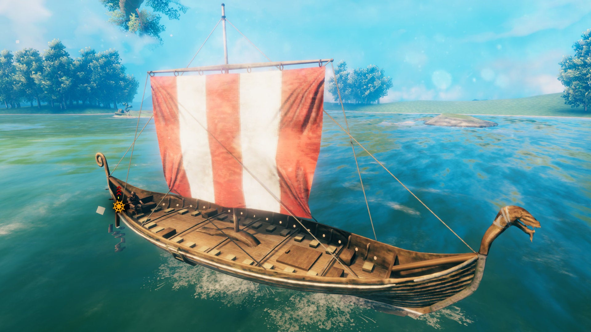 A Valheim screenshot of a Longship at sea.