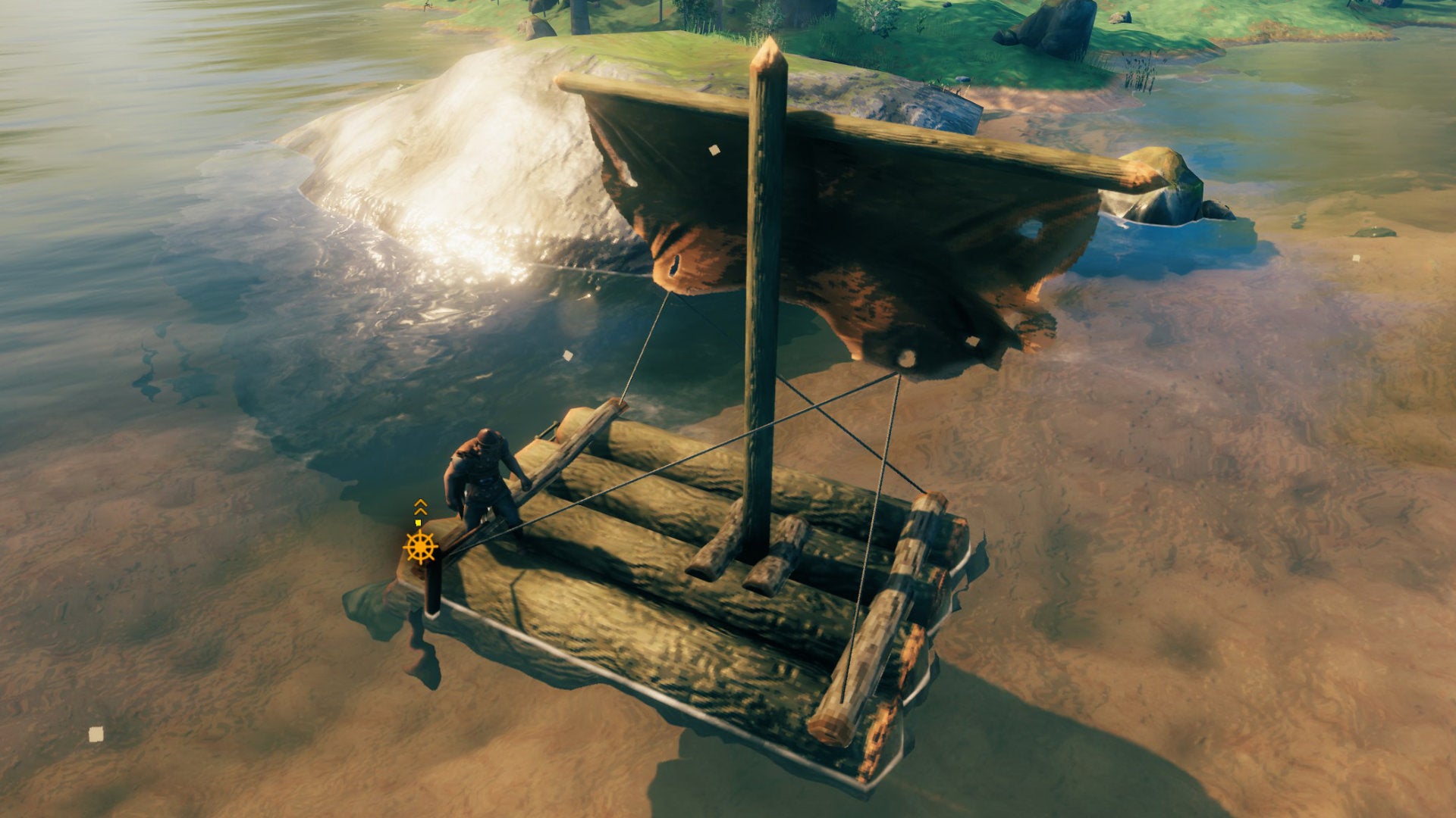 A Valheim screenshot of a Raft at sea.