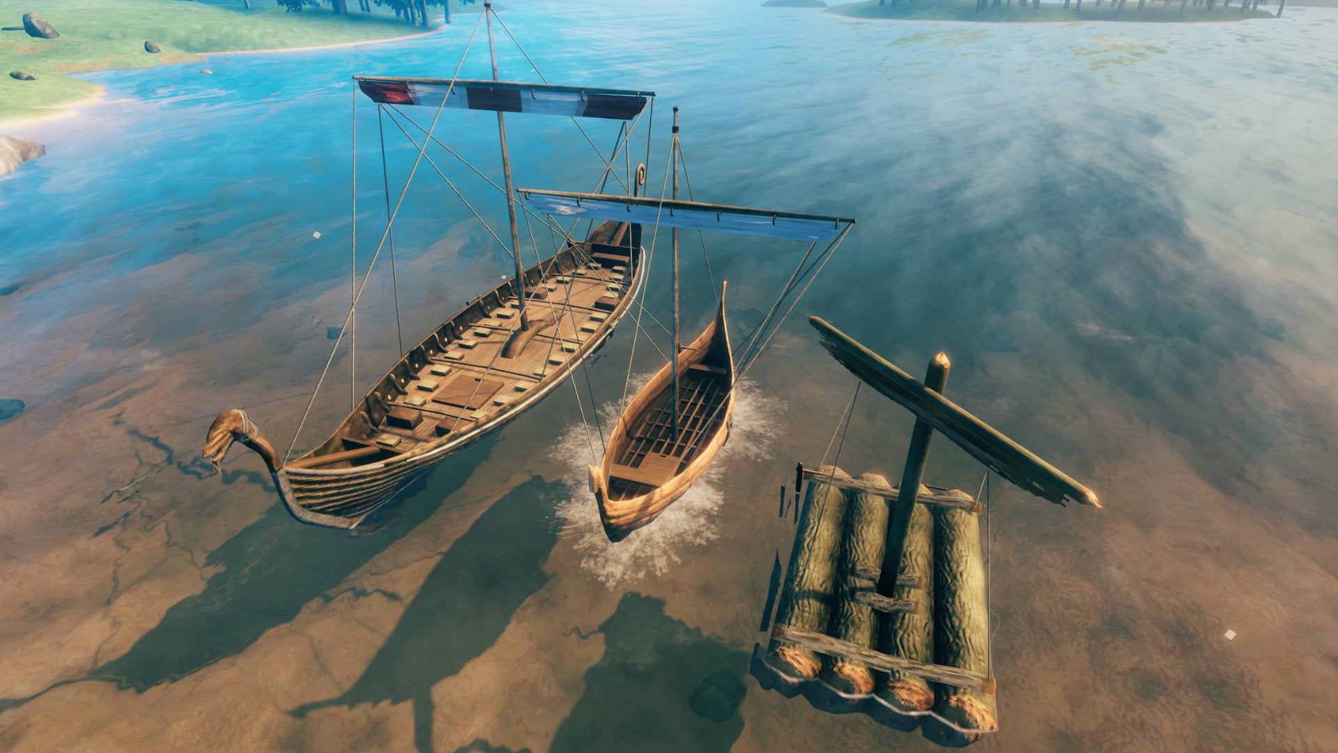 A Valheim screenshot of all three types of boat lined up next to one another.