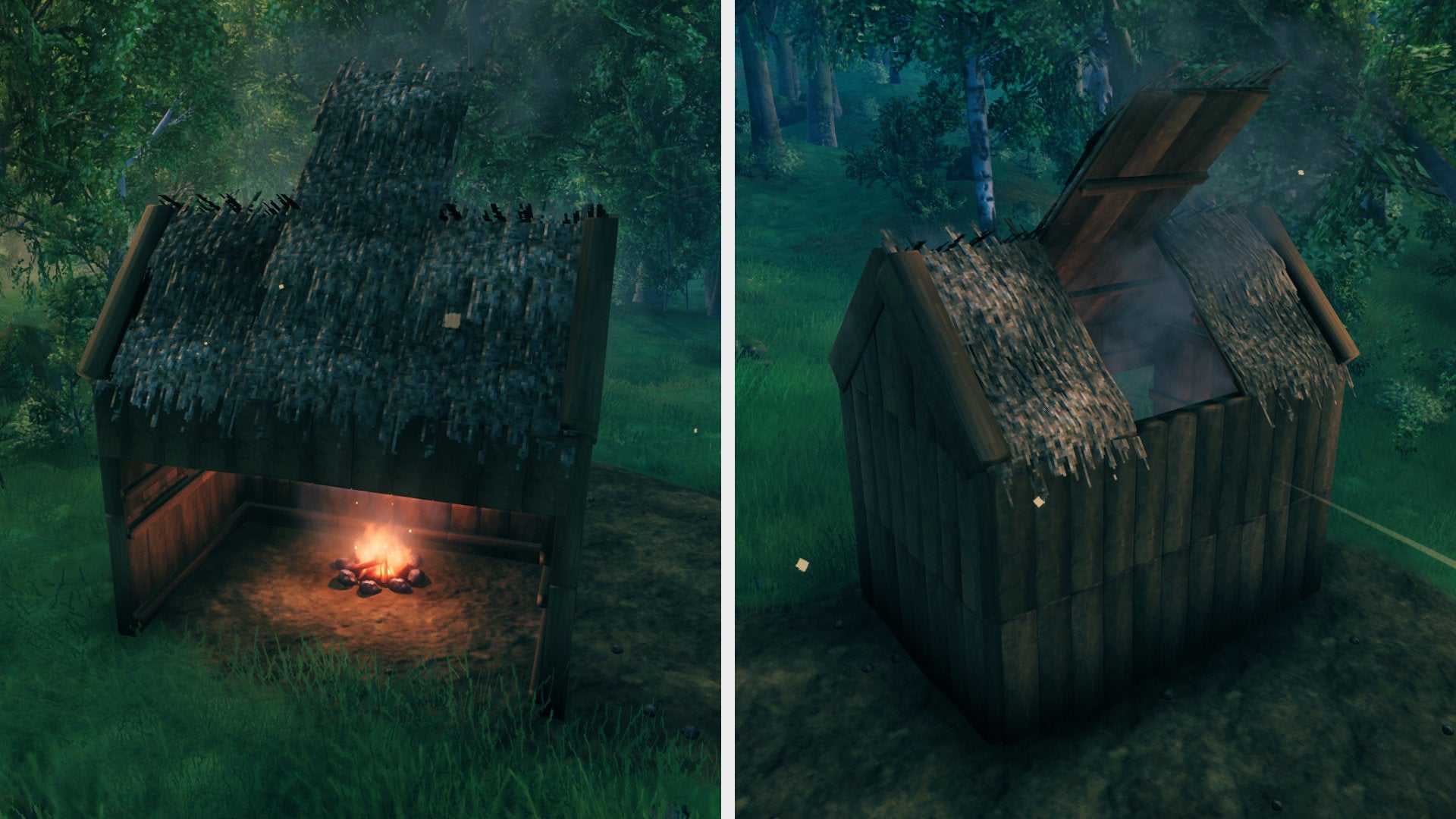 A pair of Valheim screenshots showing a basic house chimney from the front and the back.