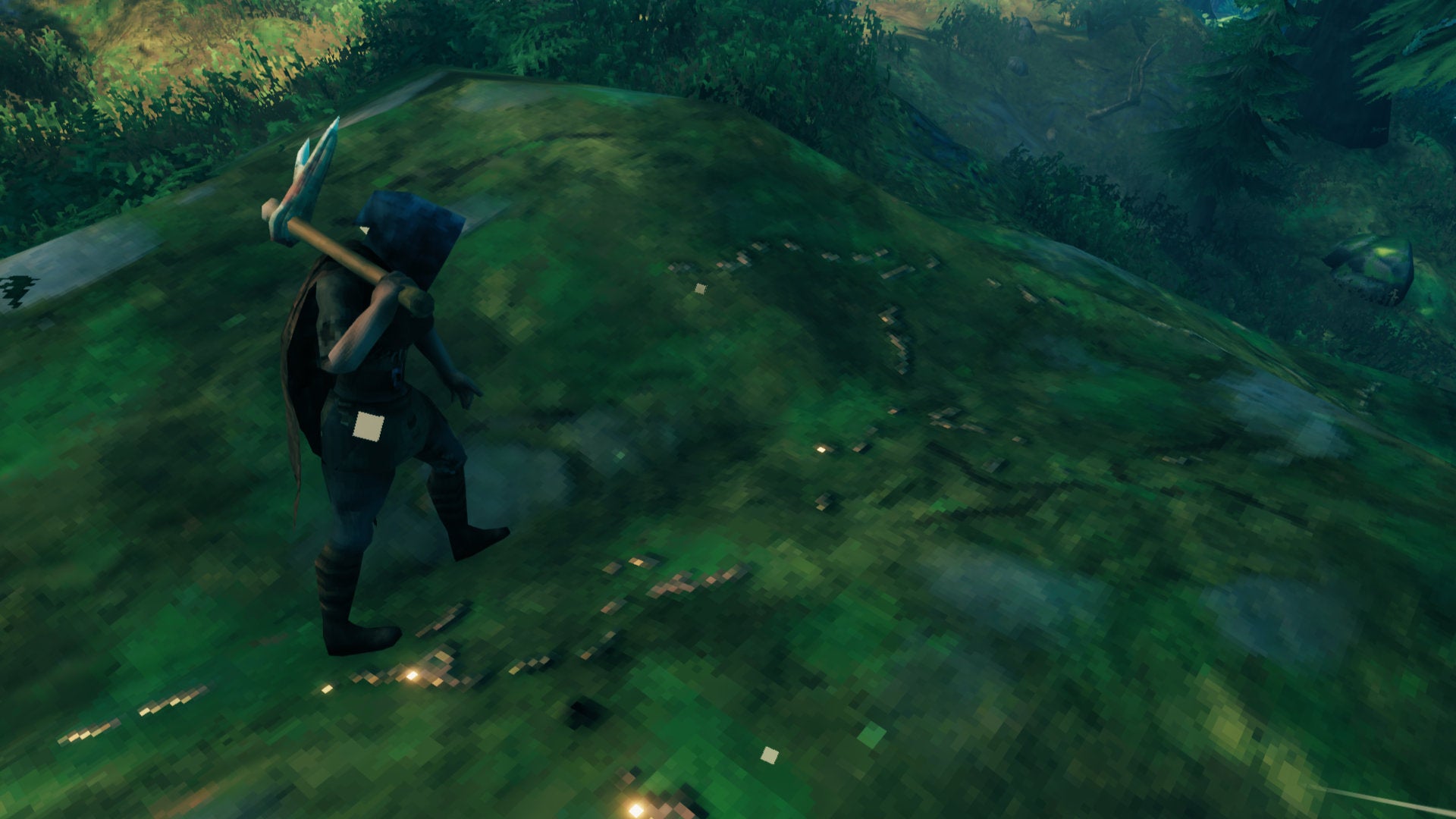 A Valheim screenshot of the player holding an Antler Pickaxe and standing atop a Copper Ore deposit in the Black Forest.