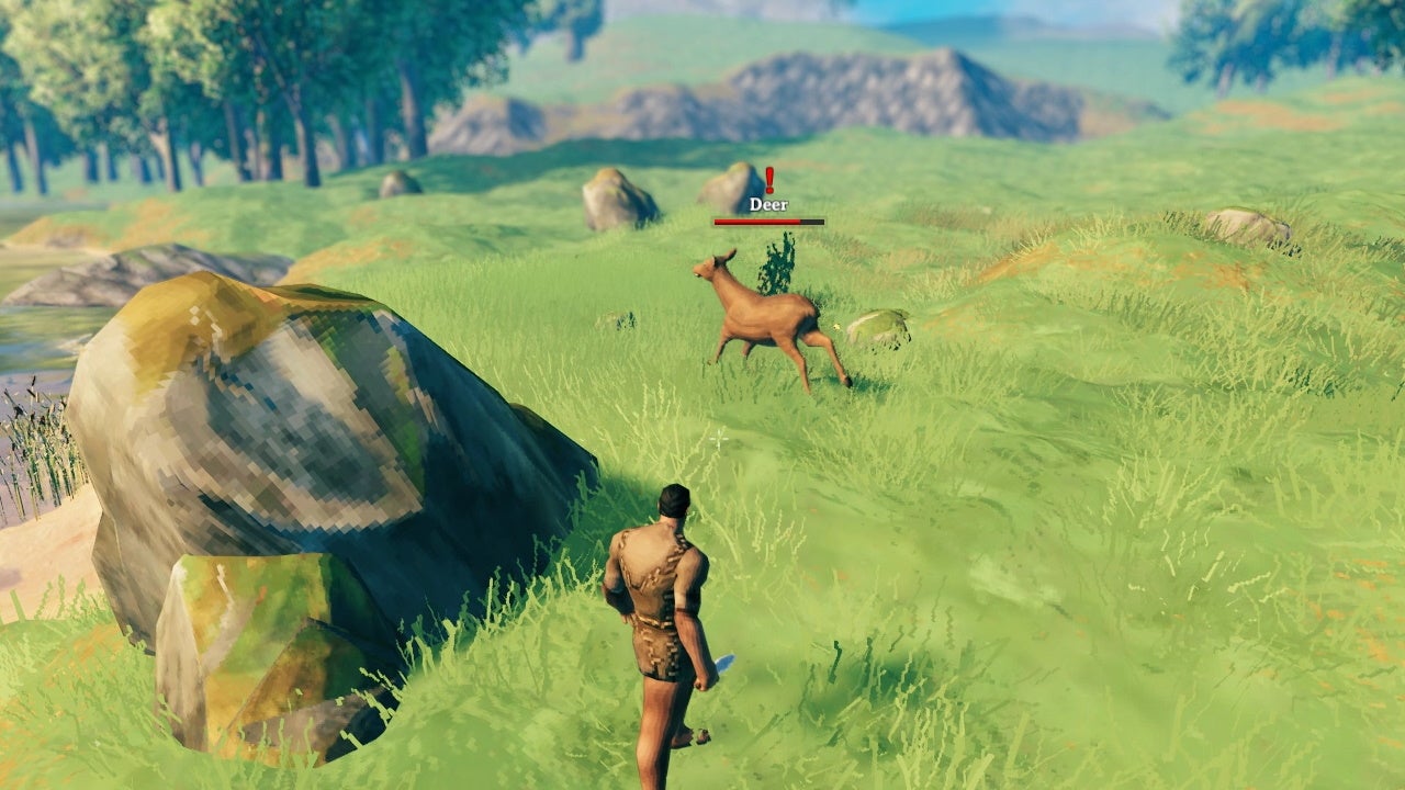 A screenshot of Valheim, in which a deer runs away from me as I stand there with a knife in hand.