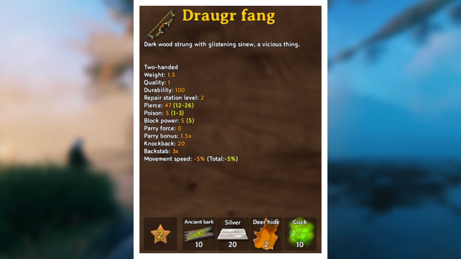 A Valheim screenshot displaying the stats of a Draugr Fang.