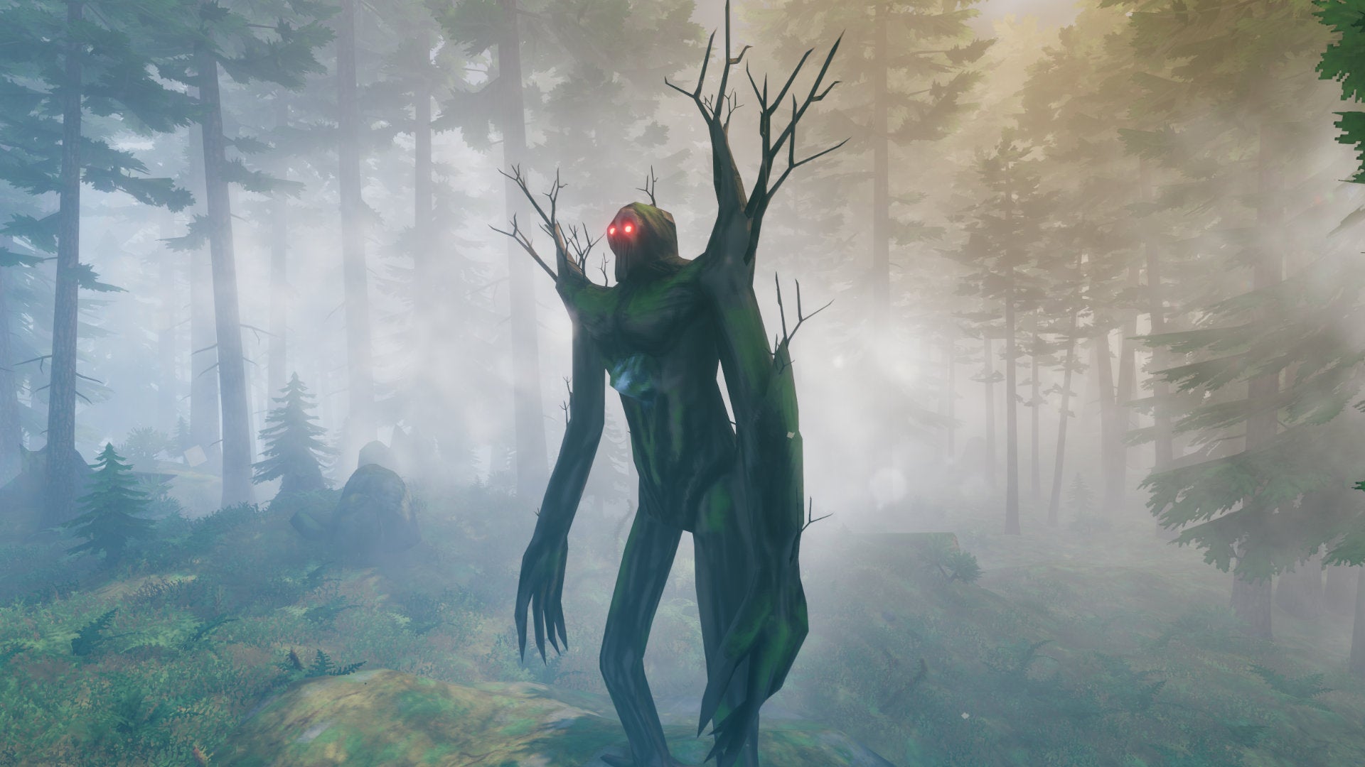 A Valheim screenshot of The Elder, the second boss, standing and looking off-screen, with a Black Forest in the background.