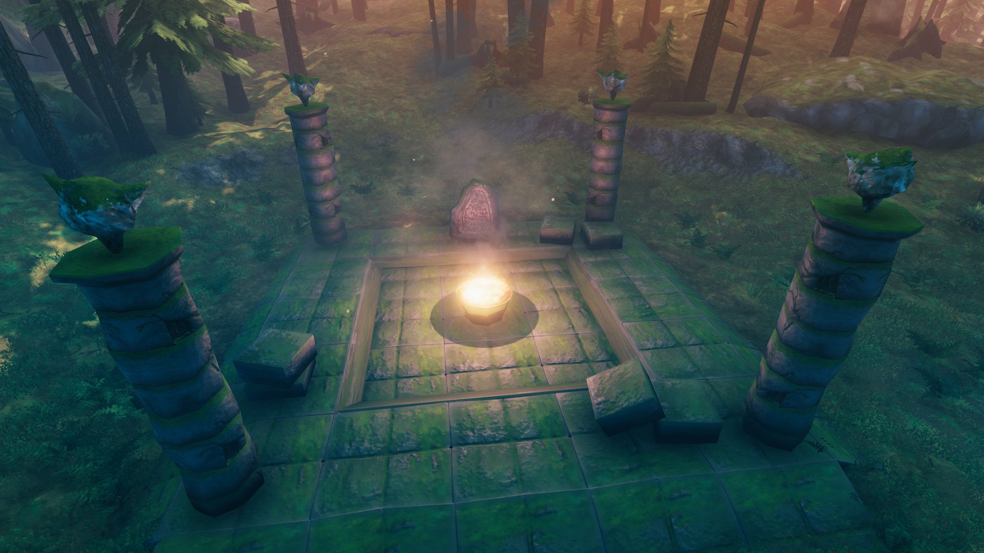 A Valheim screenshot of a Mystical Altar for The Elder, the second boss. At its centre is a flaming bowl, surrounded by four pillars.