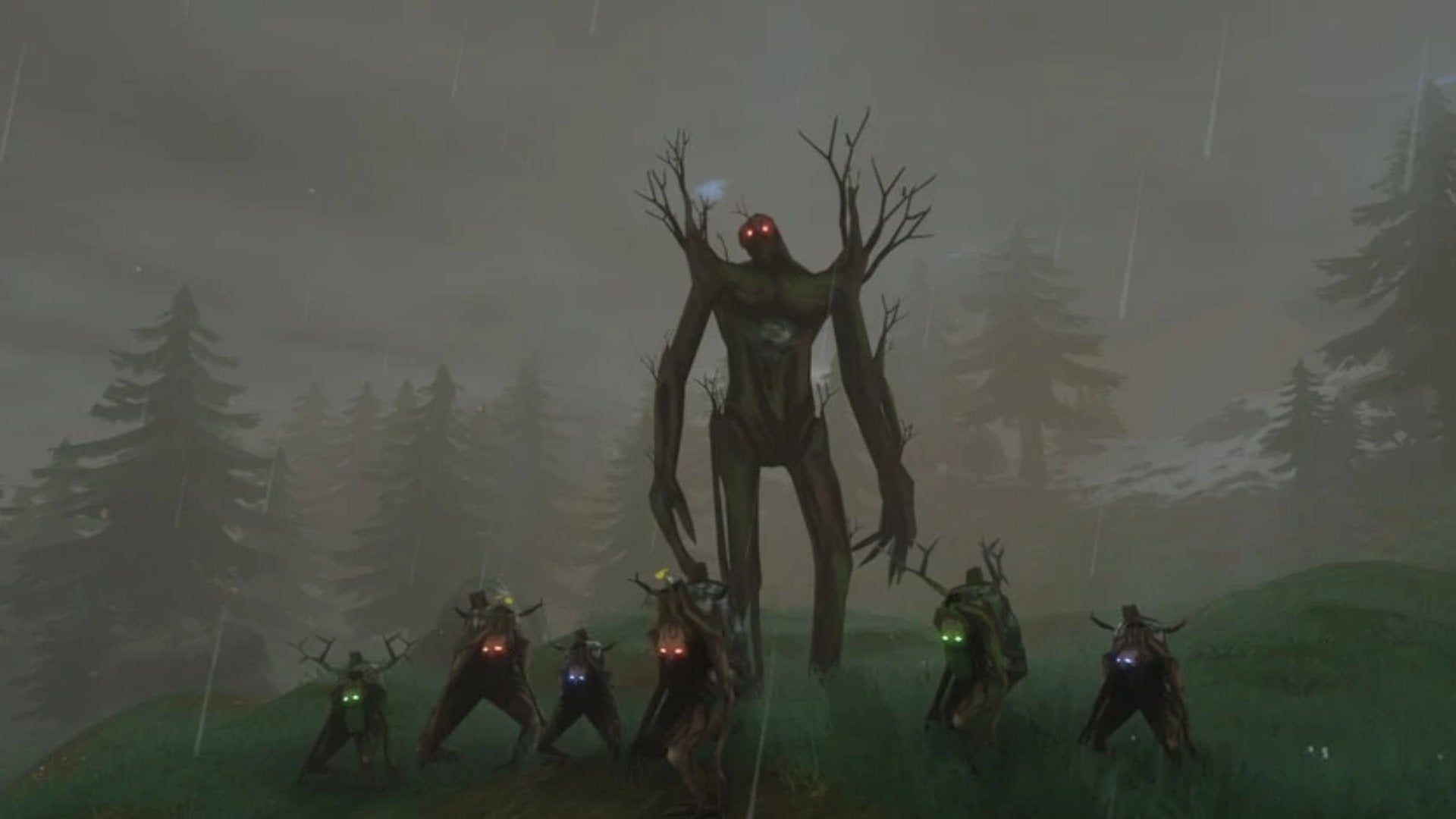 A Valheim screenshot of The Elder, the second boss, flanked by several Greydwarfs of different sizes and varieties.