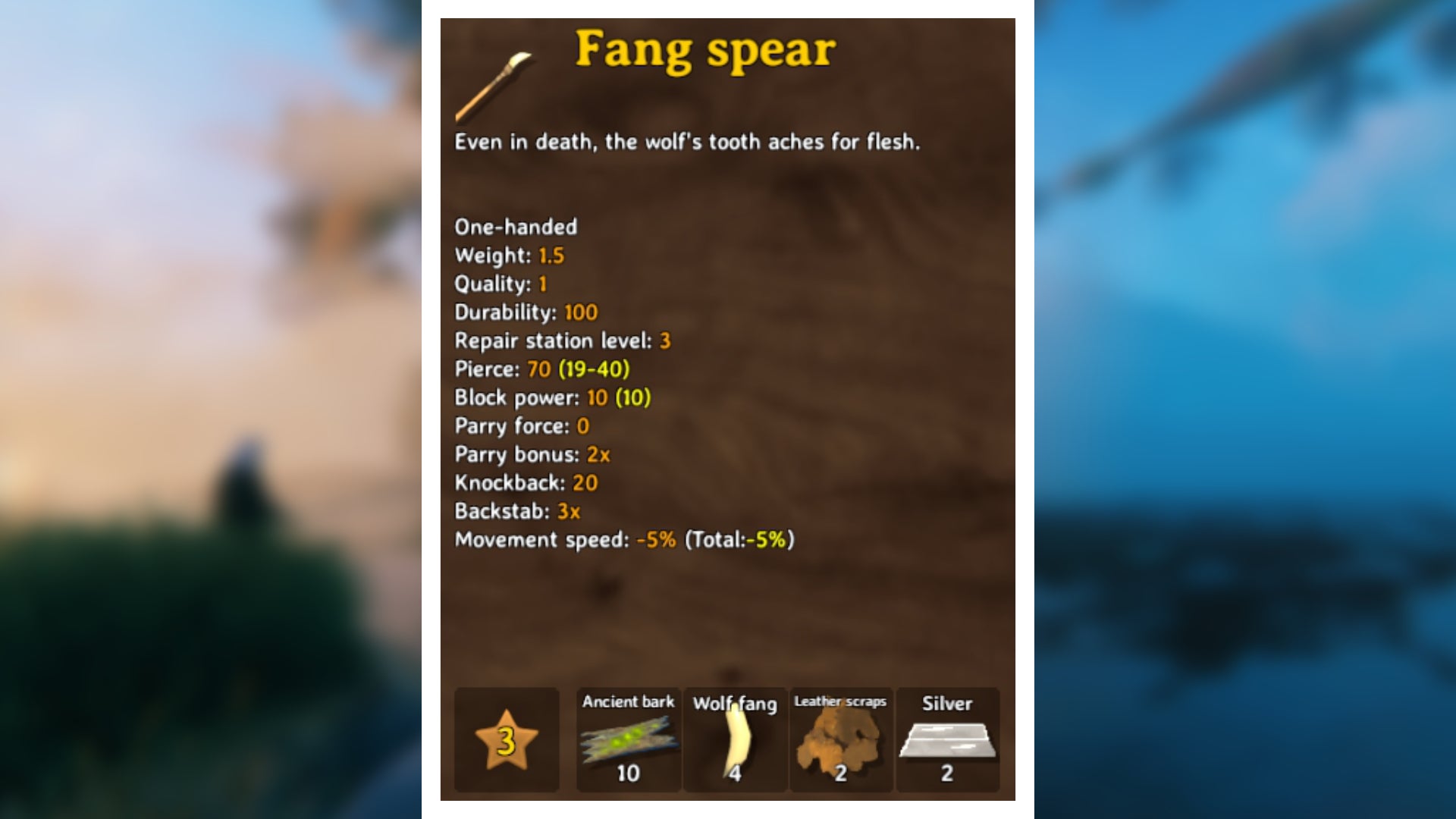 A Valheim screenshot displaying the stats of a Fang Spear.