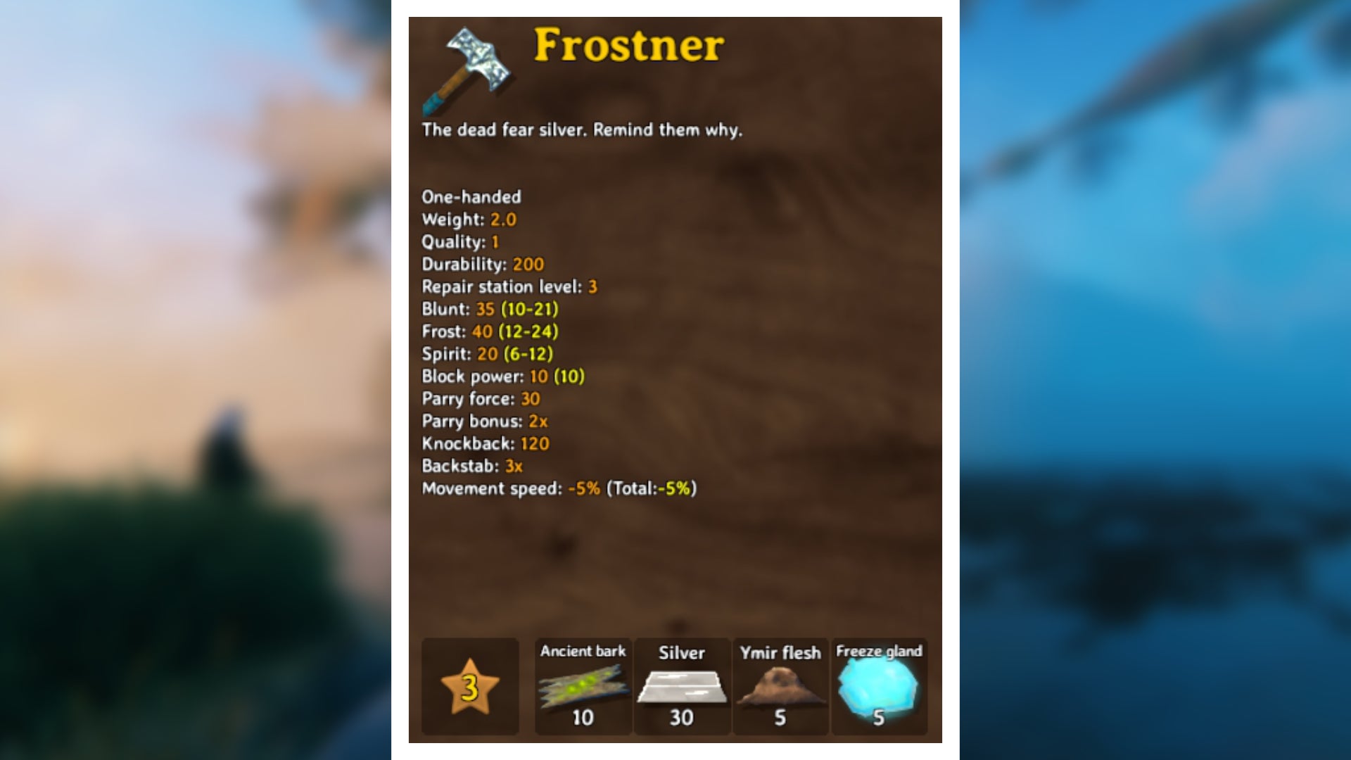 A Valheim screenshot displaying the stats of Frostner.