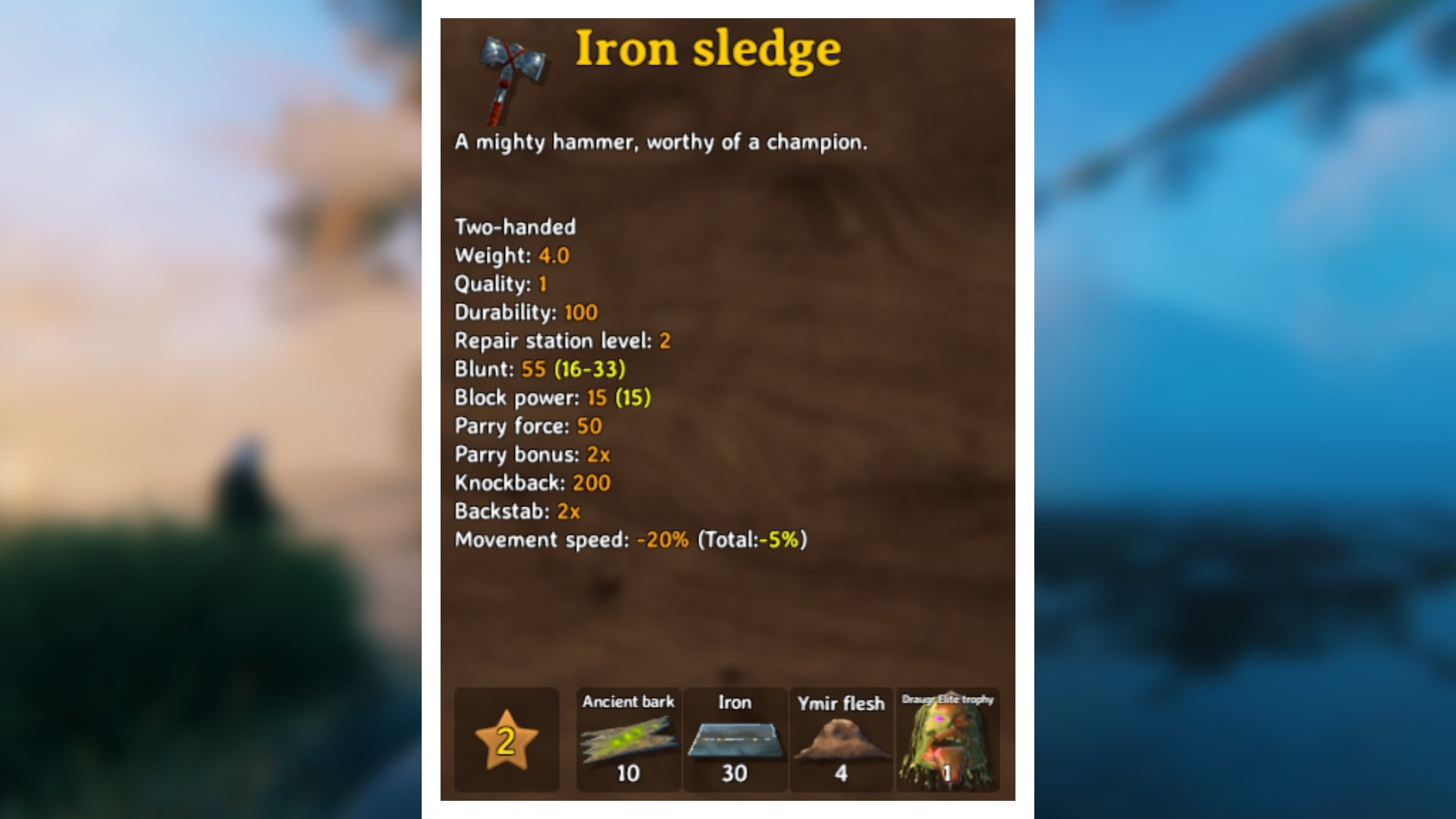 A Valheim screenshot displaying the stats of an Iron Sledge.
