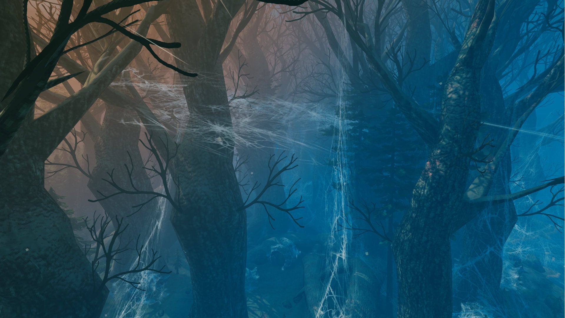 A Valheim screenshot of the Mistlands biome, populated by tall trees and giant cobwebs.