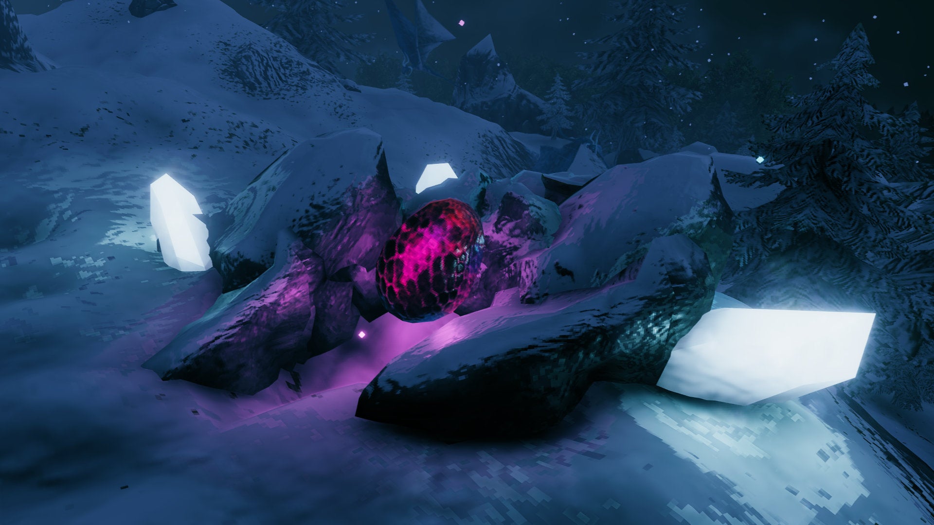 A Valheim screenshot of a Dragon Egg, glowing purple against the white snow of the surrounding Mountain terrain.