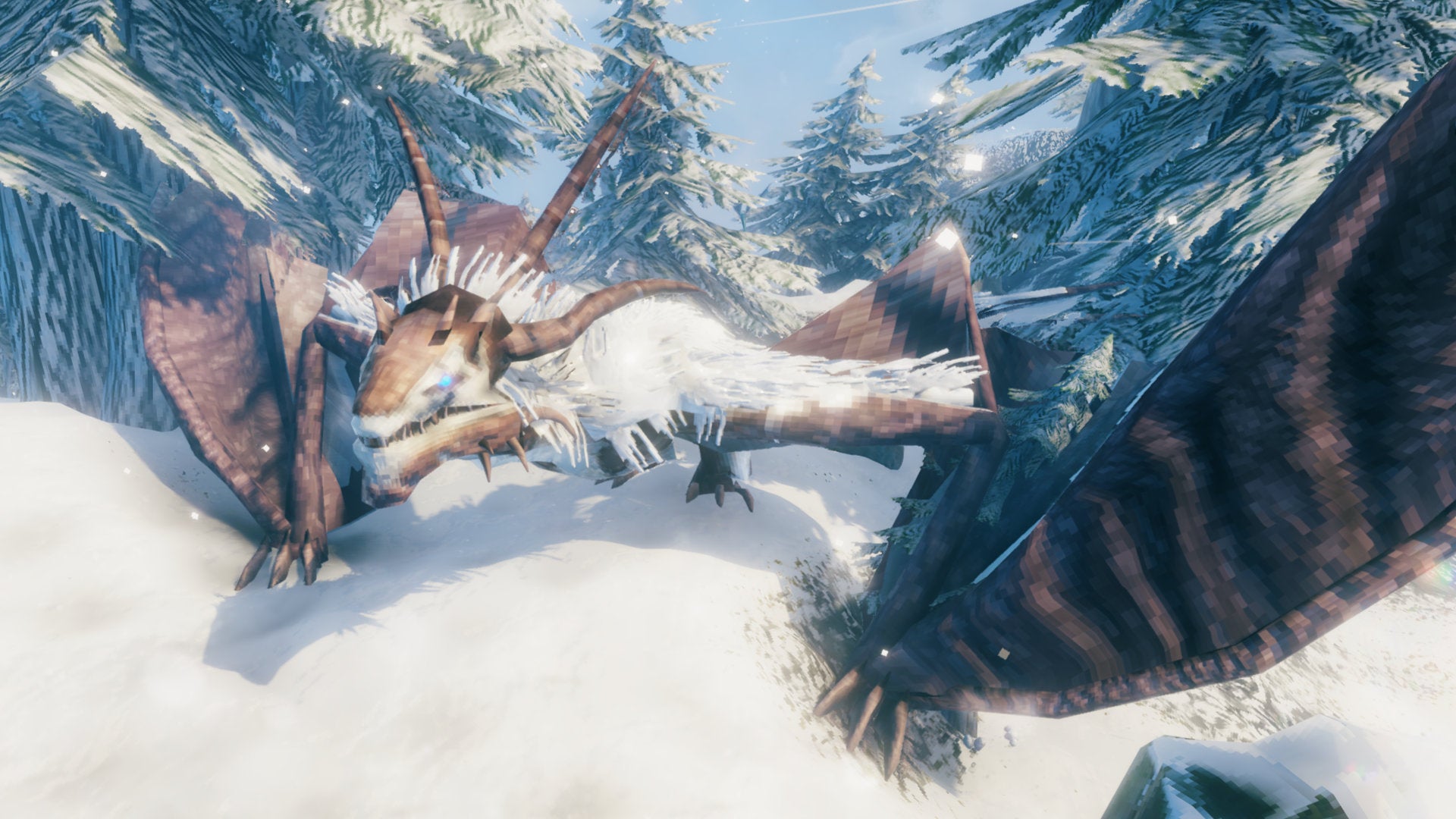 A Valheim screenshot of Moder, the fourth boss, crawling through the snow in a Mountains biome.