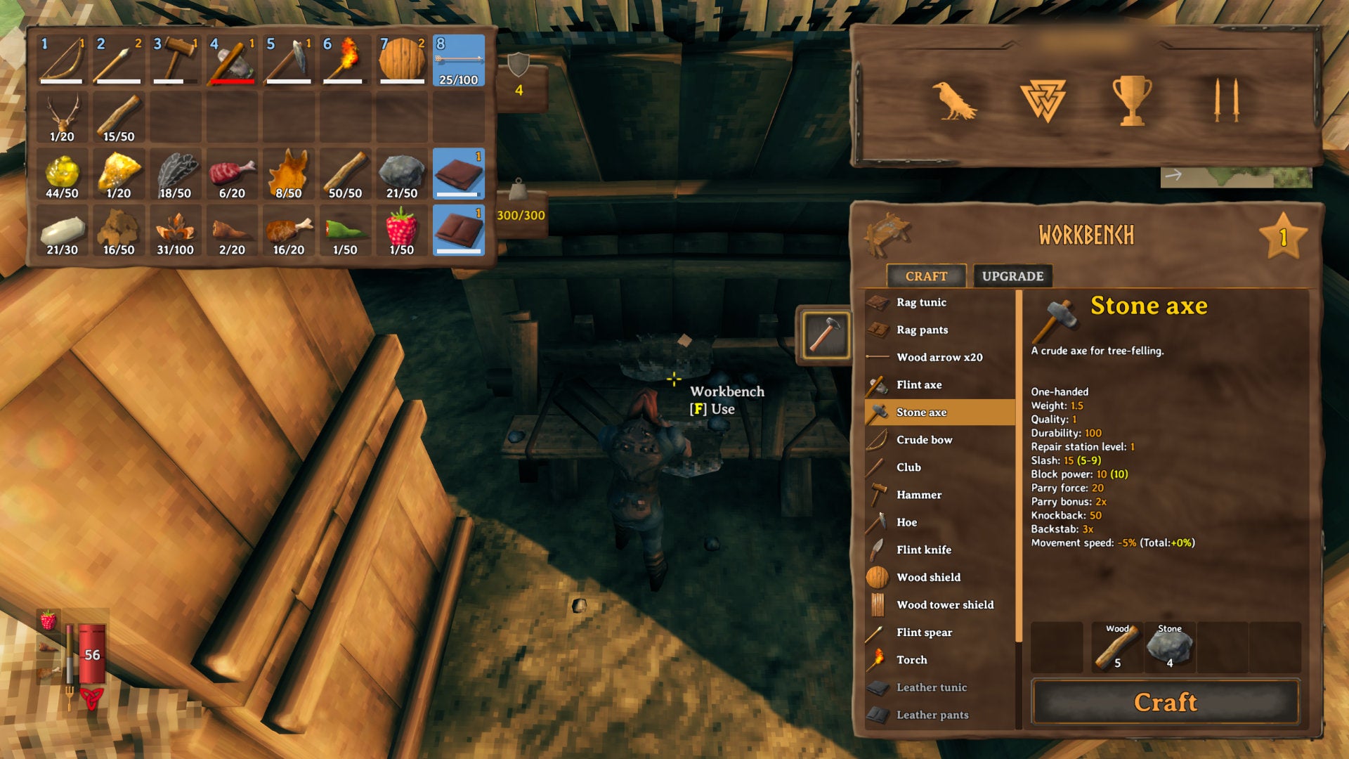 A Valheim screenshot of a player using a Workbench to repair their tools and weapons.