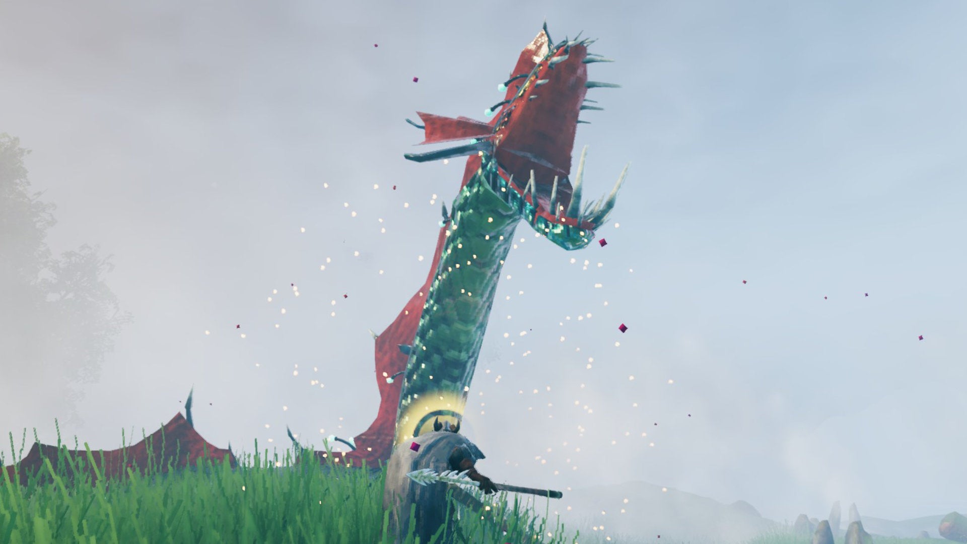 A Valheim screenshot of a beached Serpent roaring at the player.