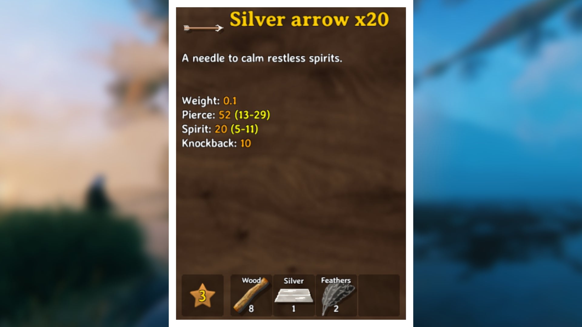 A Valheim screenshot displaying the stats of a Silver Arrow.