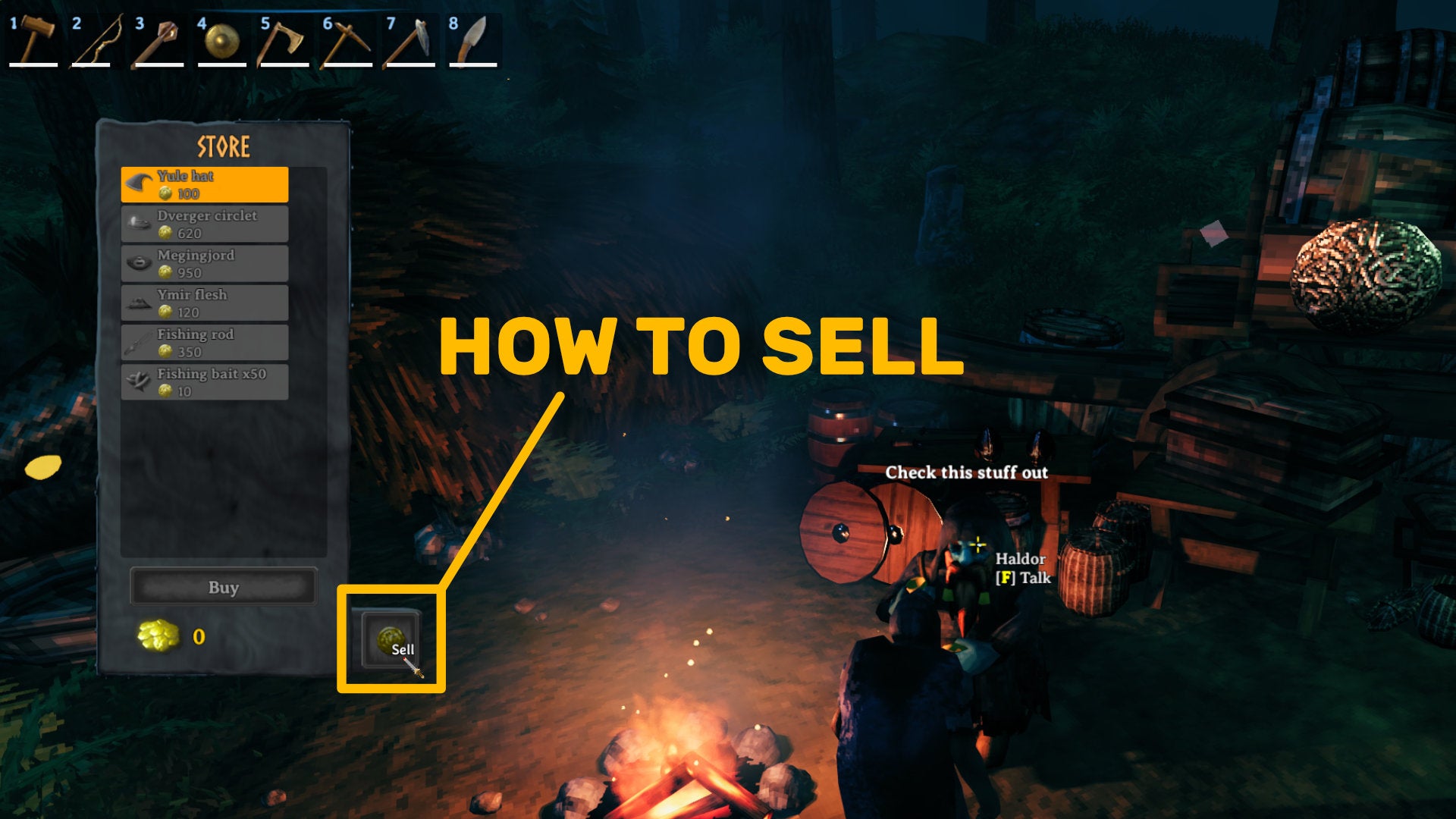 A Valheim screenshot of the Trader window, with the sell button highlighted.