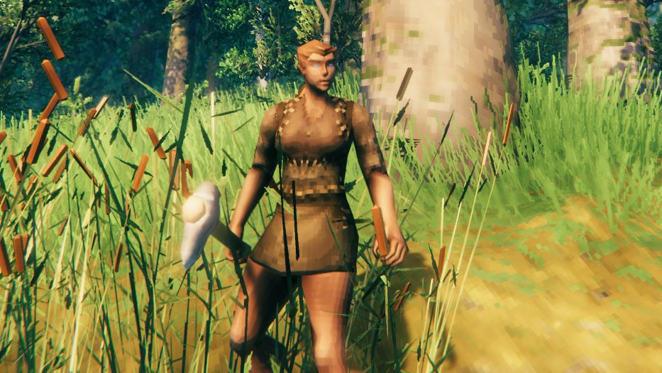 A close up of a Viking in Valheim. She is still wearing rags, and is holding an axe.