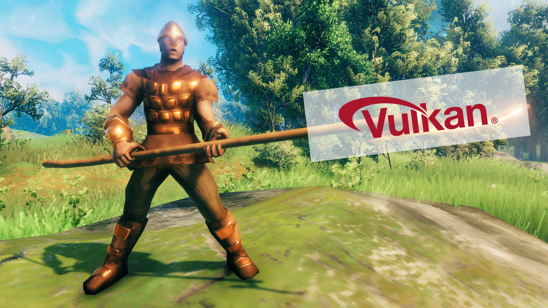 A Valheim screenshot of a player clad in full Bronze Armor, wielding a Bronze Atgeir - and the Vulkan logo has been pasted over the Atgeir's blade.