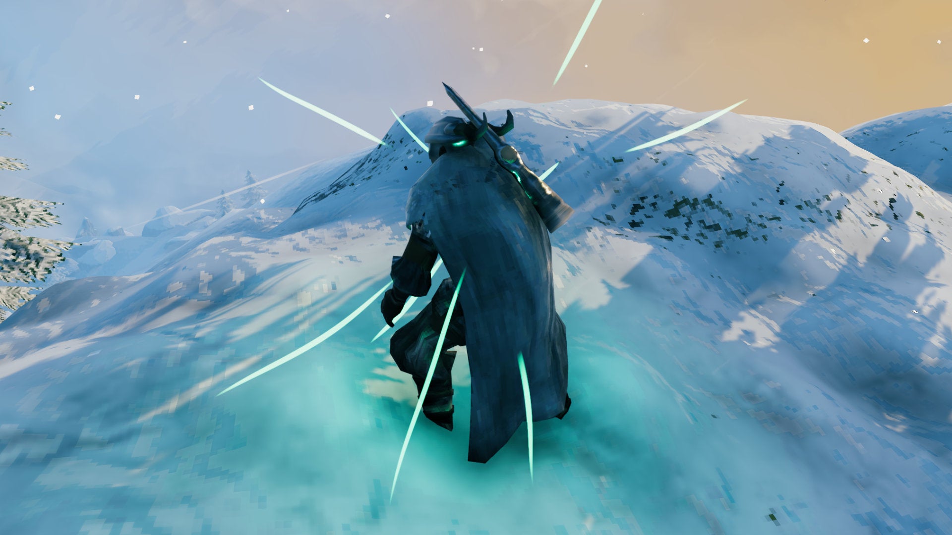 A Valheim screenshot of the player standing in a Mountain biome, with green energy trails pulsing from them as a result of the Wishbone.