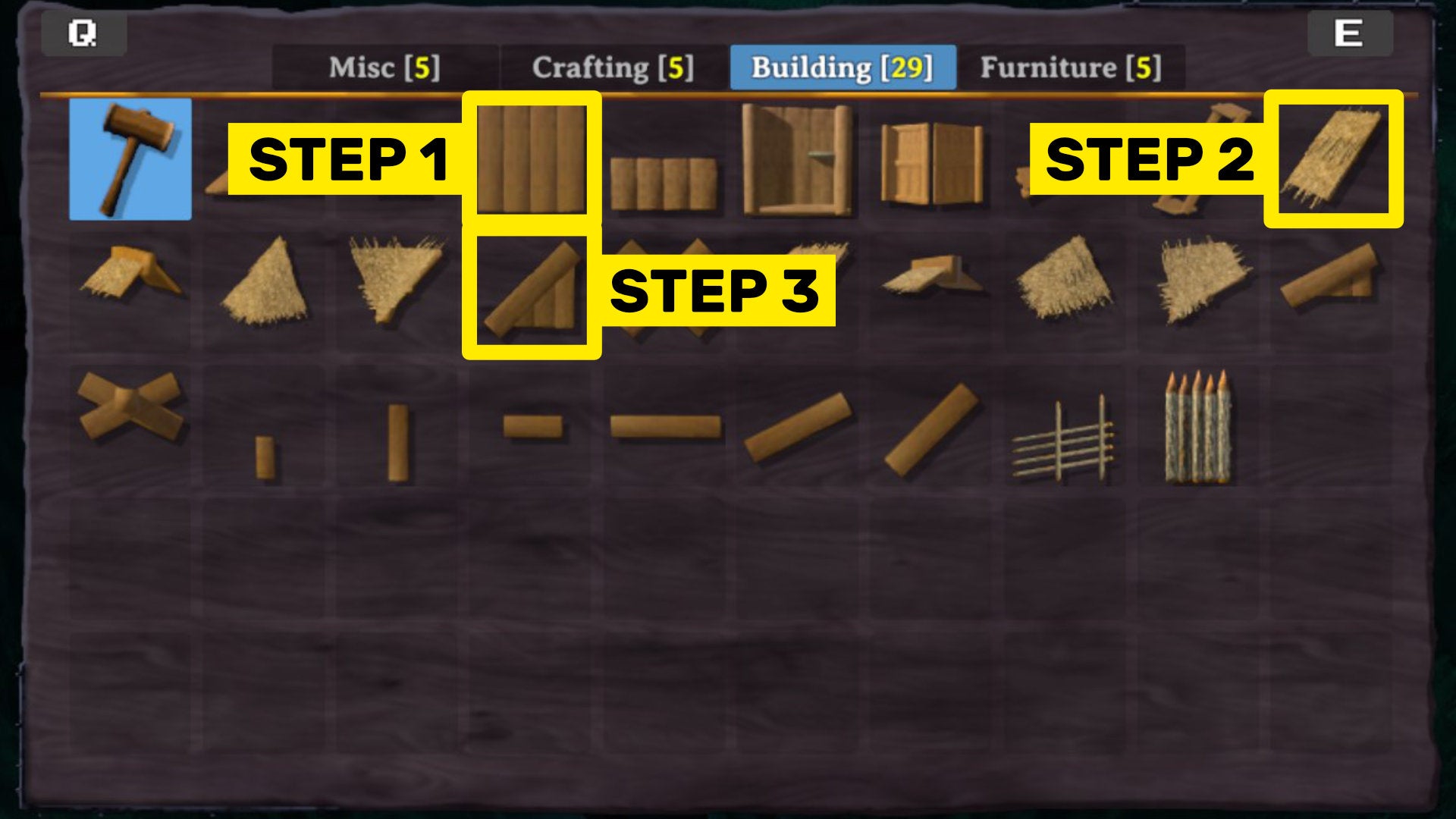 A Valheim screenshot of the building menu, with the three building parts required to create a basic roof for a Workbench highlighted.