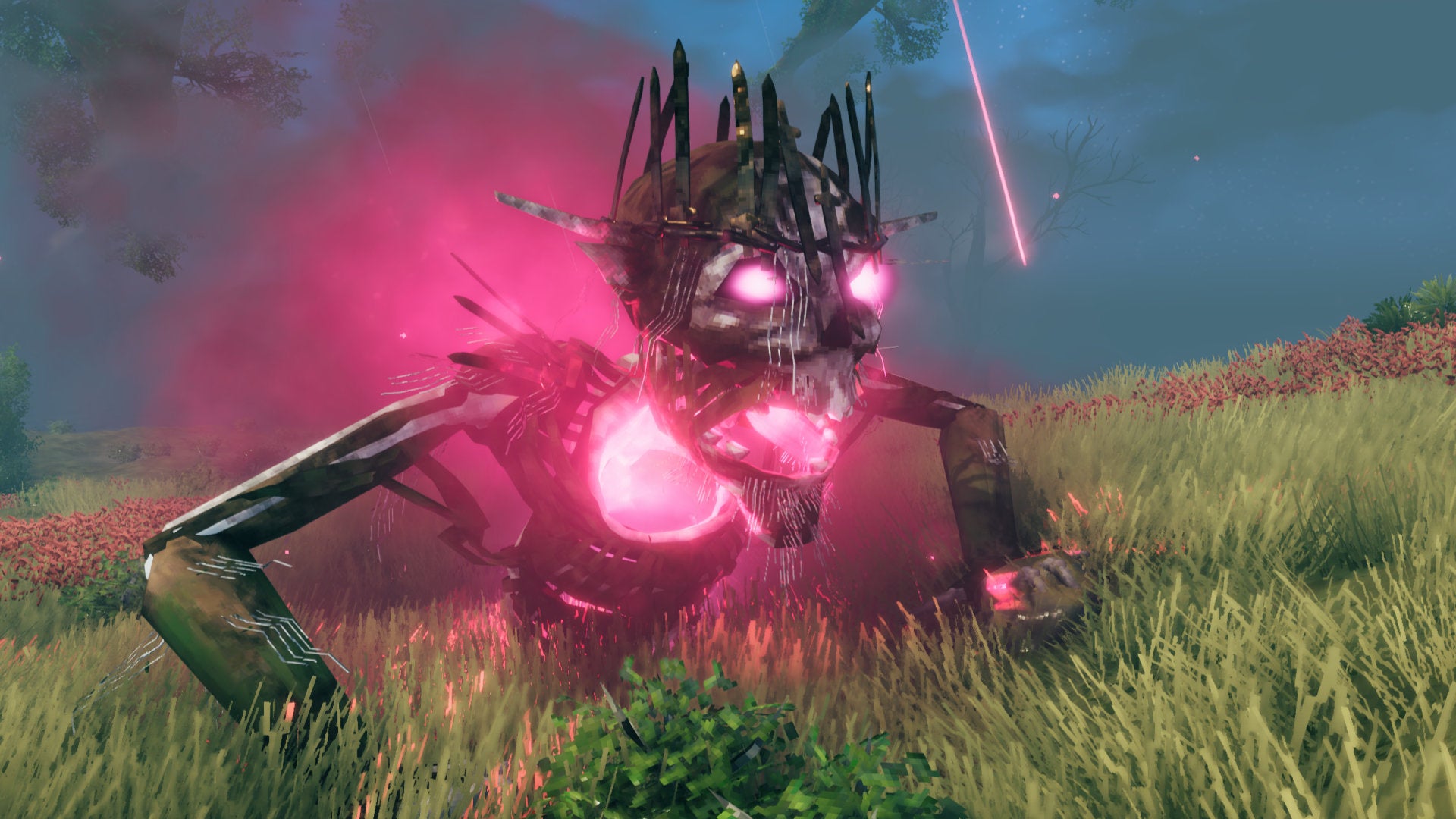 A Valheim screenshot of Yagluth, the fifth and final boss, rising from the ground in a Plains biome.