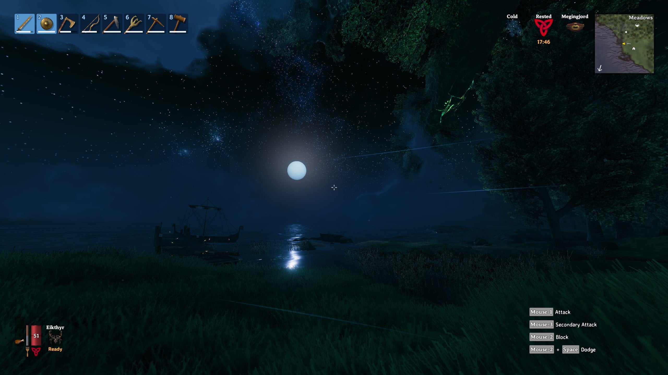 A screenshot of Valheim using a first-person mod, taken on a shore, with grass and trees in the foreground and a beautiful starry sky in the background.
