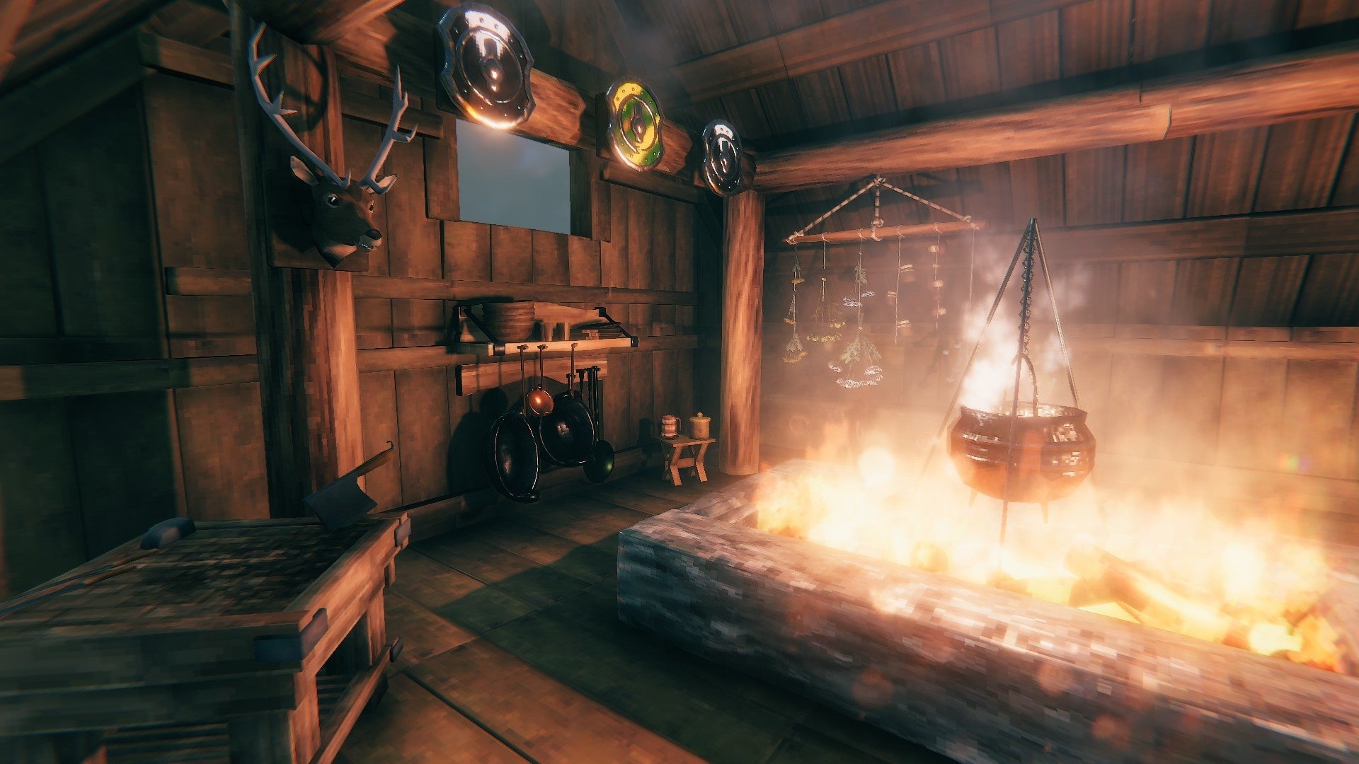 A screenshot of Valheim's Hearth & Home update, showing the inside of a cabin featuring new cooking station items.