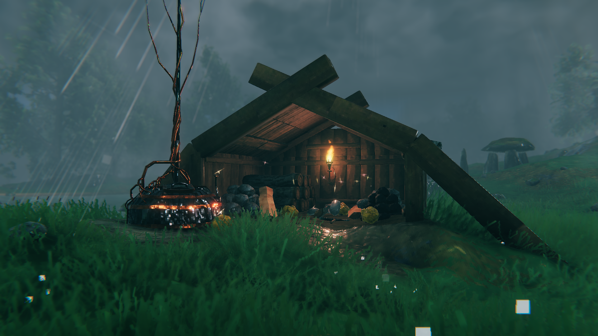 An Obliterator, including lightning rod, next to a semi-abandoned looking shack in Valheim.
