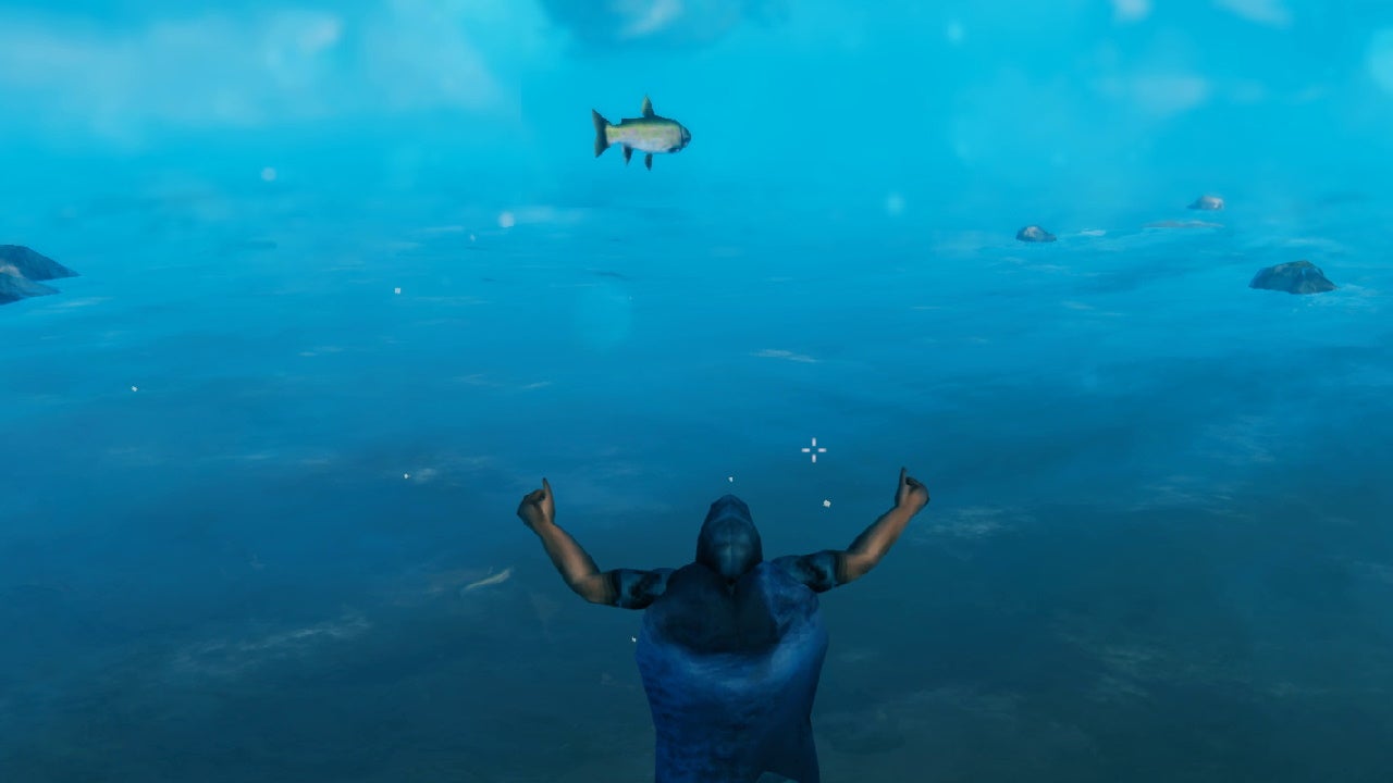 A Valheim screenshot which shows a player screaming at the ocean and a fish rocketing through the air towards them.