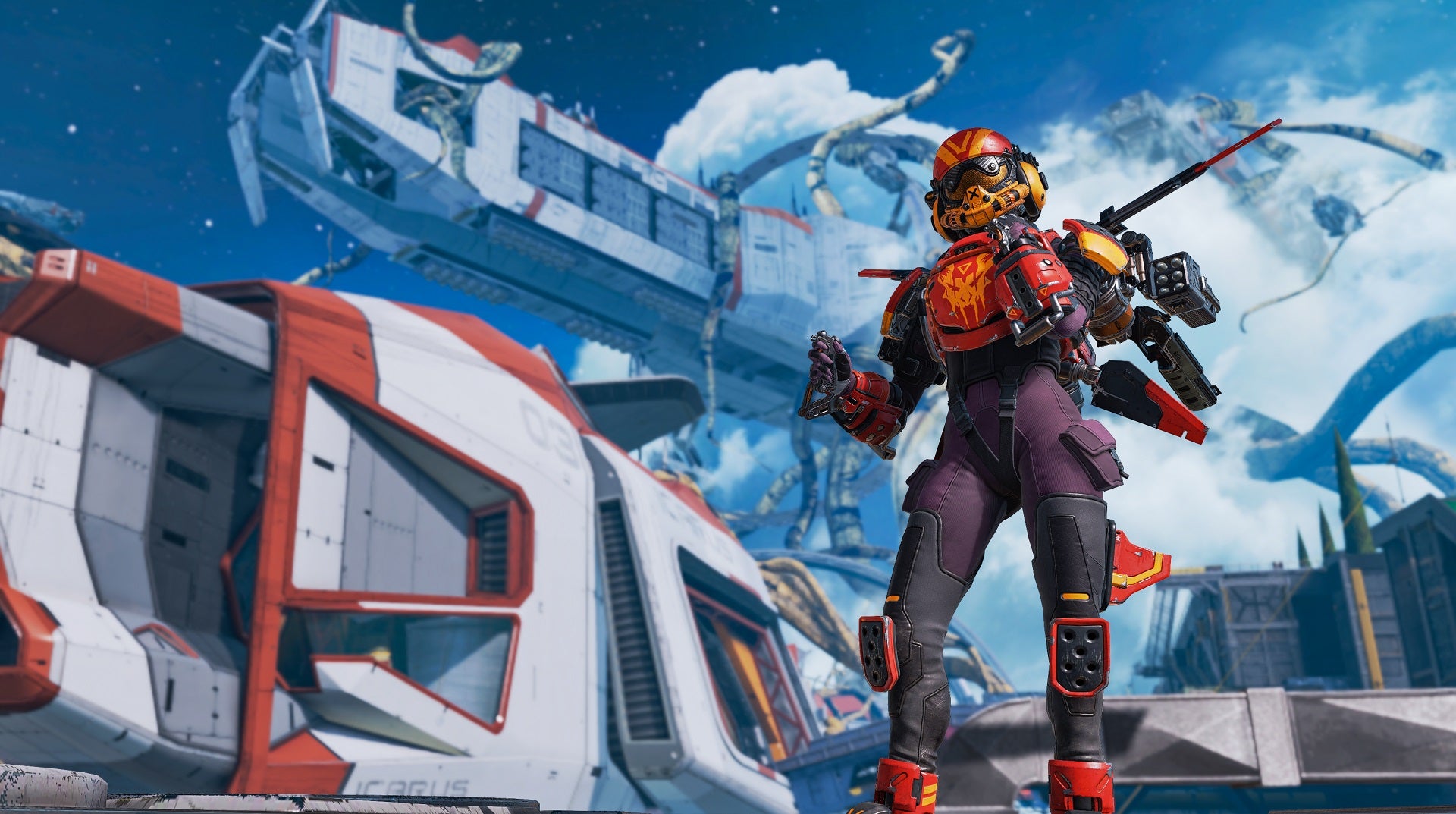 Apex Legends' Valkyrie sporting a nice orange helmet in front of some overrun ships on Olypmus (overrun with parasitc plants).