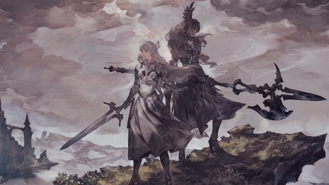 Two female warriors stand back-to-back in Valkyrie Elysium artwork.