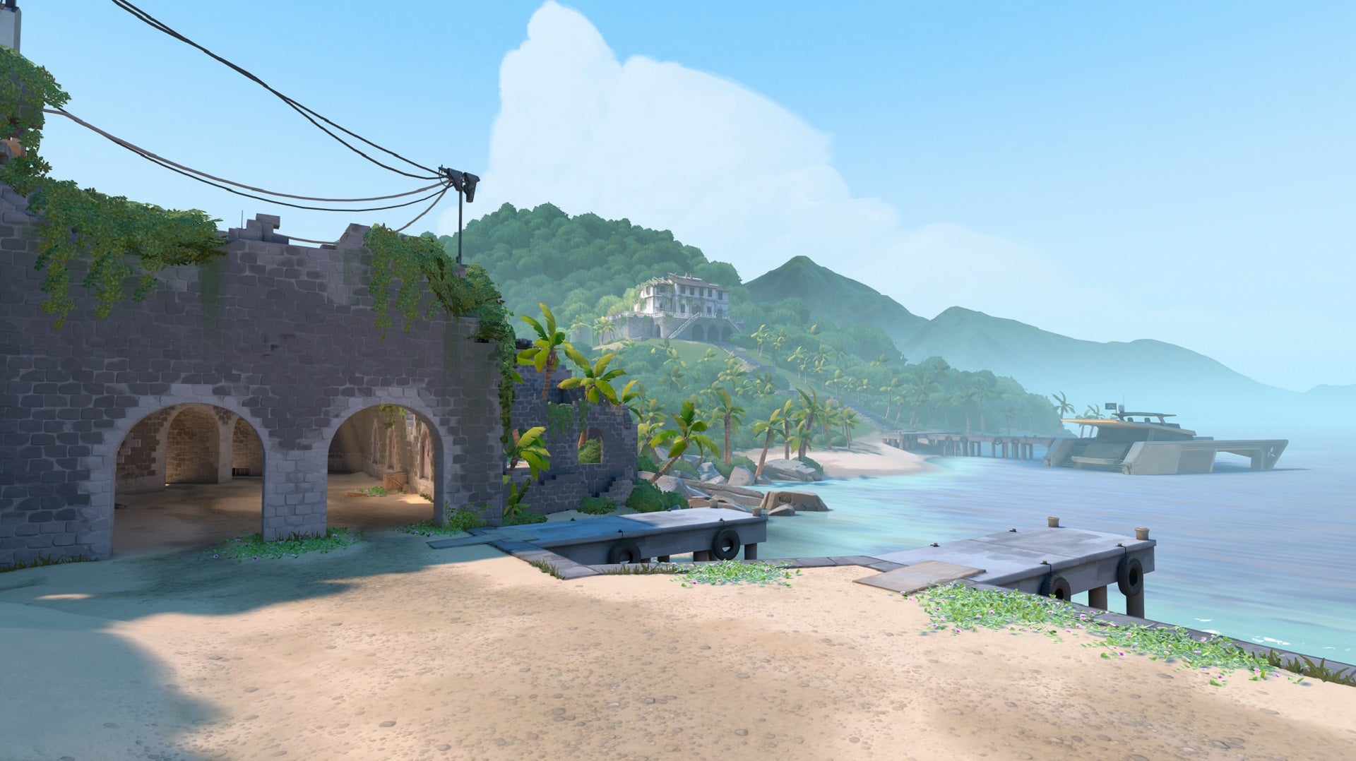 One of the spawn rooms in Valorant's new map Breeze, it's a lovely beach.