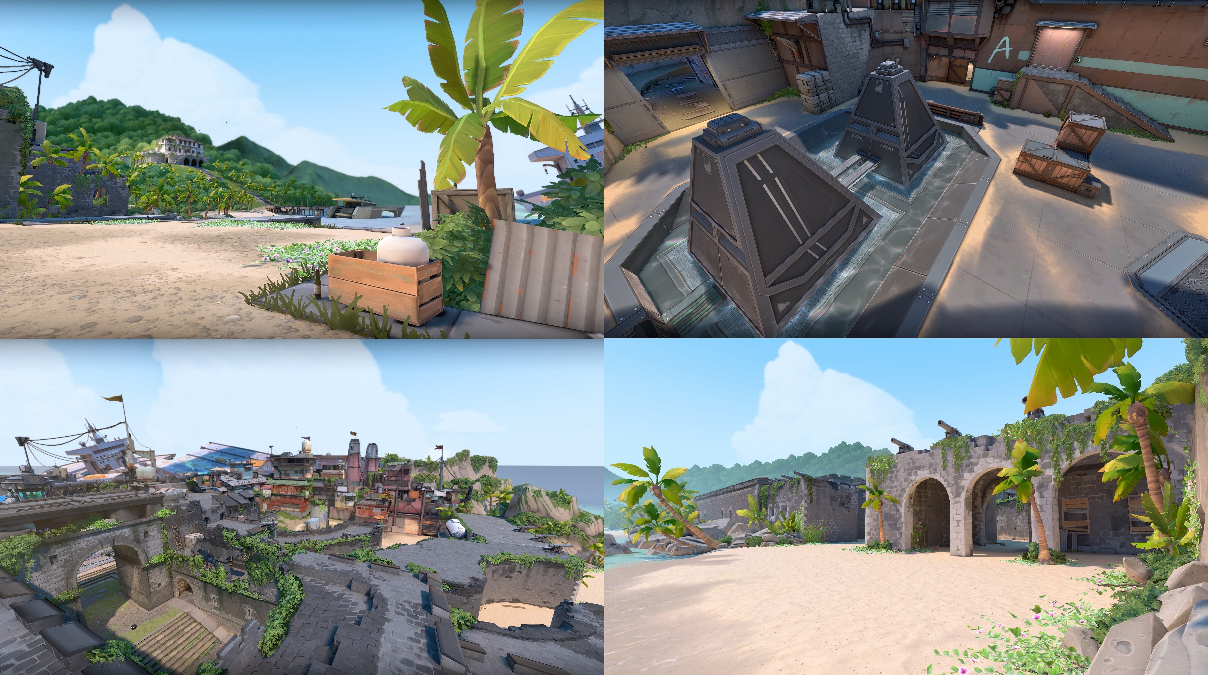 A collection of images from the new Breeze map, they show tropical beaches, fort ruins with cannons, and a spike plant site with really open spaces.