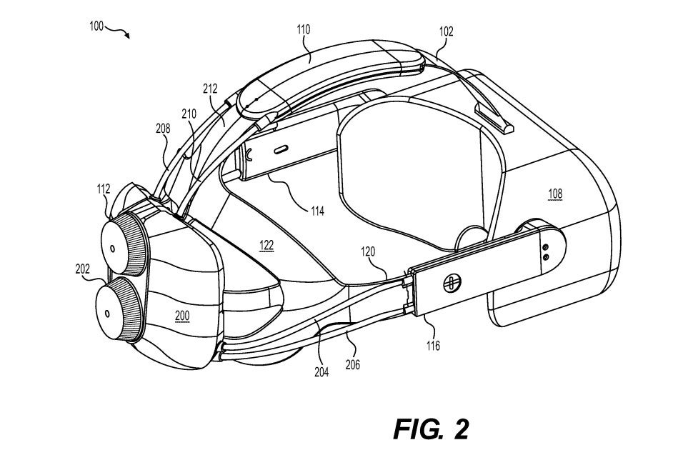 A from-the-back line drawing of a VR headset from a patent filing by Valve.