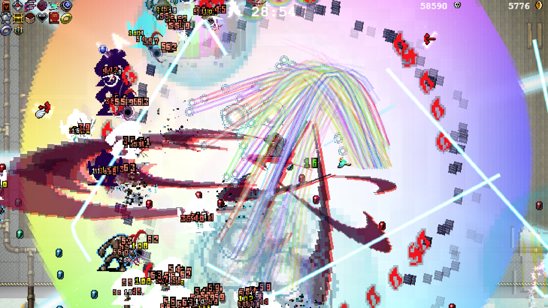 A colorful mess of explosions obscuring the screen in a screenshot from Vampire Survivors.