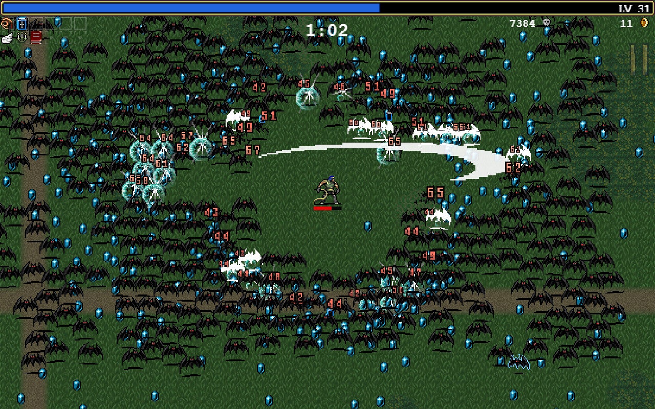 Screenshot of Vampire Survivors showing the player standing in a field surrounded by hundreds of bats.