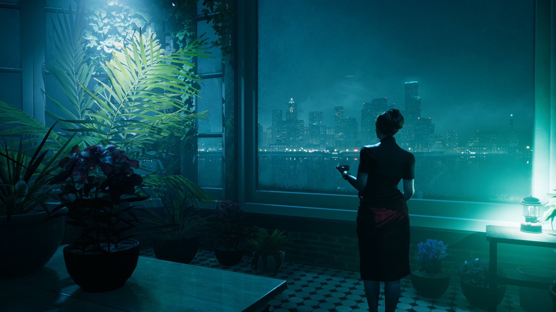 A woman looks out over the city in a Vampire: The Masquerade - Bloodlines 2 screenshot.