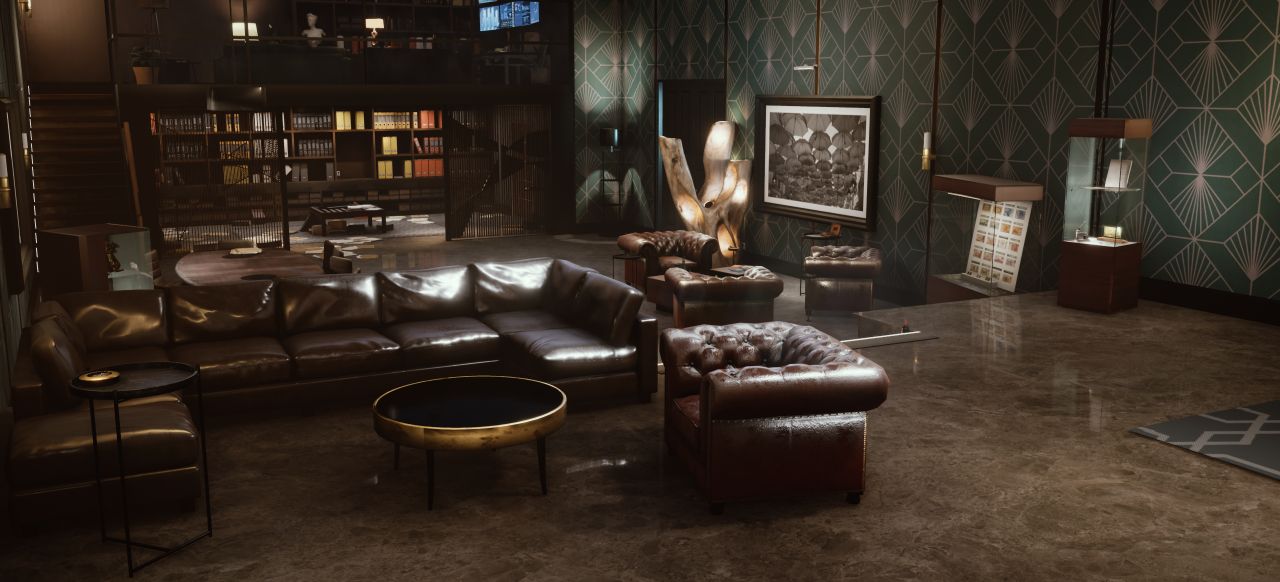 Jason Moore's office, all dark wood and leather sofas, in Vampire: The Masquerade - Swansong