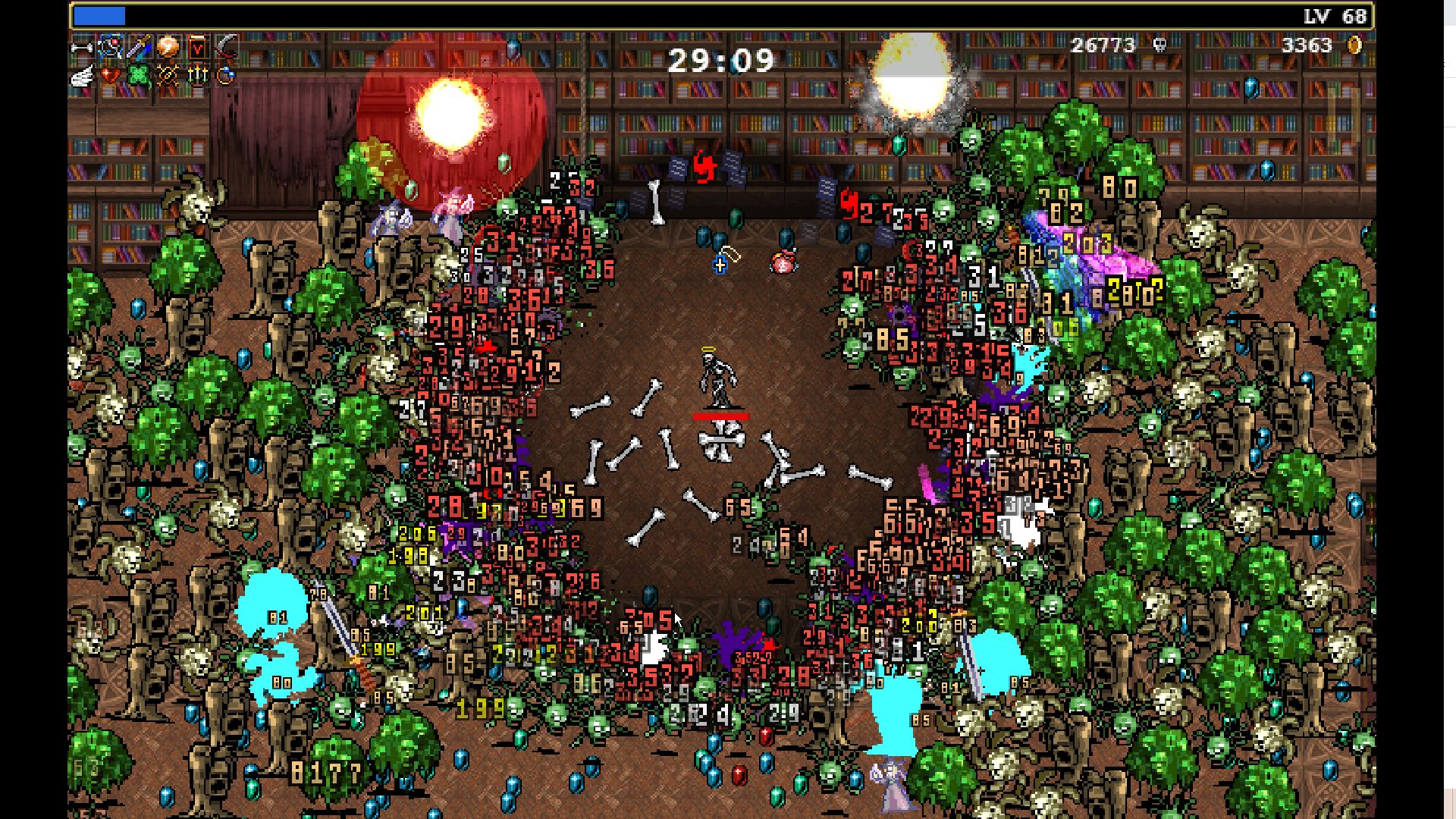A warrior surrounded by monsters in a library in Vampire Survivors