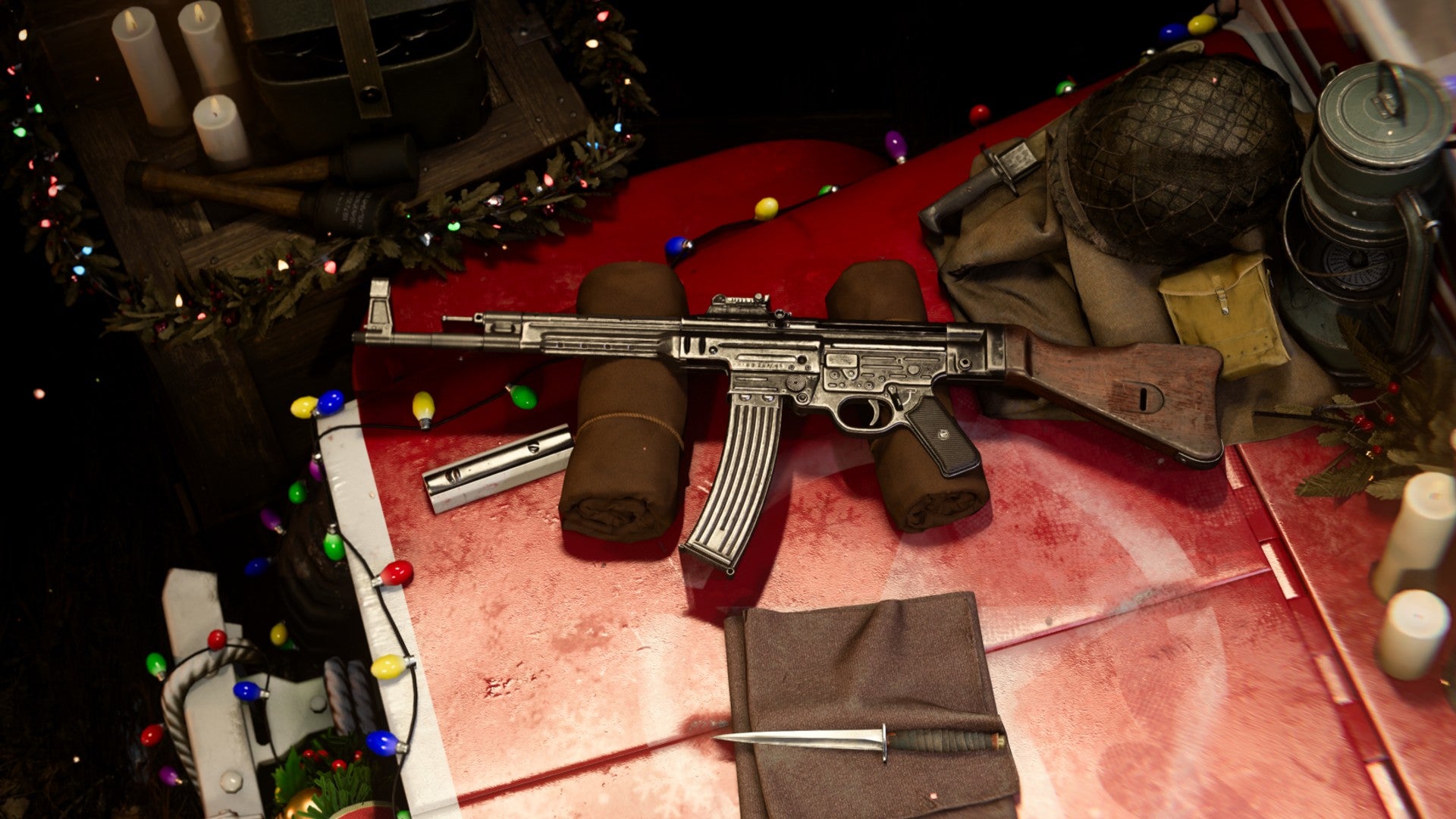 Vanguard STG44 in the loadout menu on a crate, surrounded by Christmas decorations and festive lights