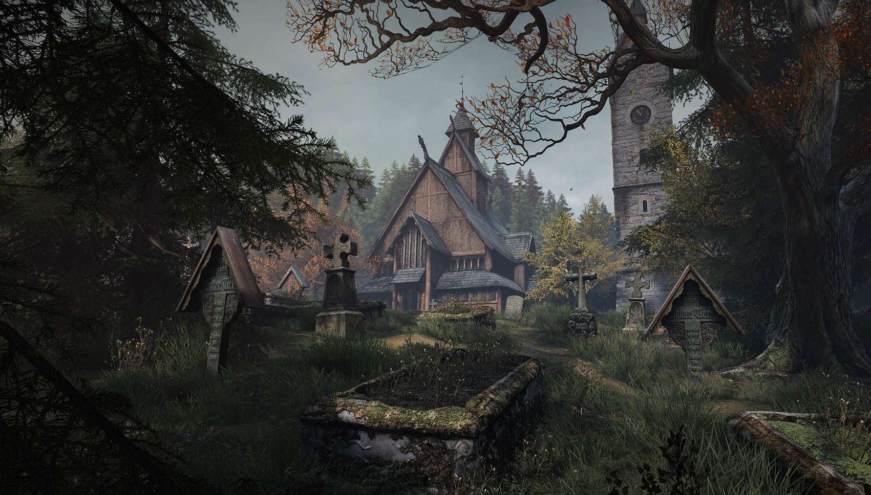 A screenshot of The Vanishing Of Ethan Carter showing a grassy, mossy graveyard.
