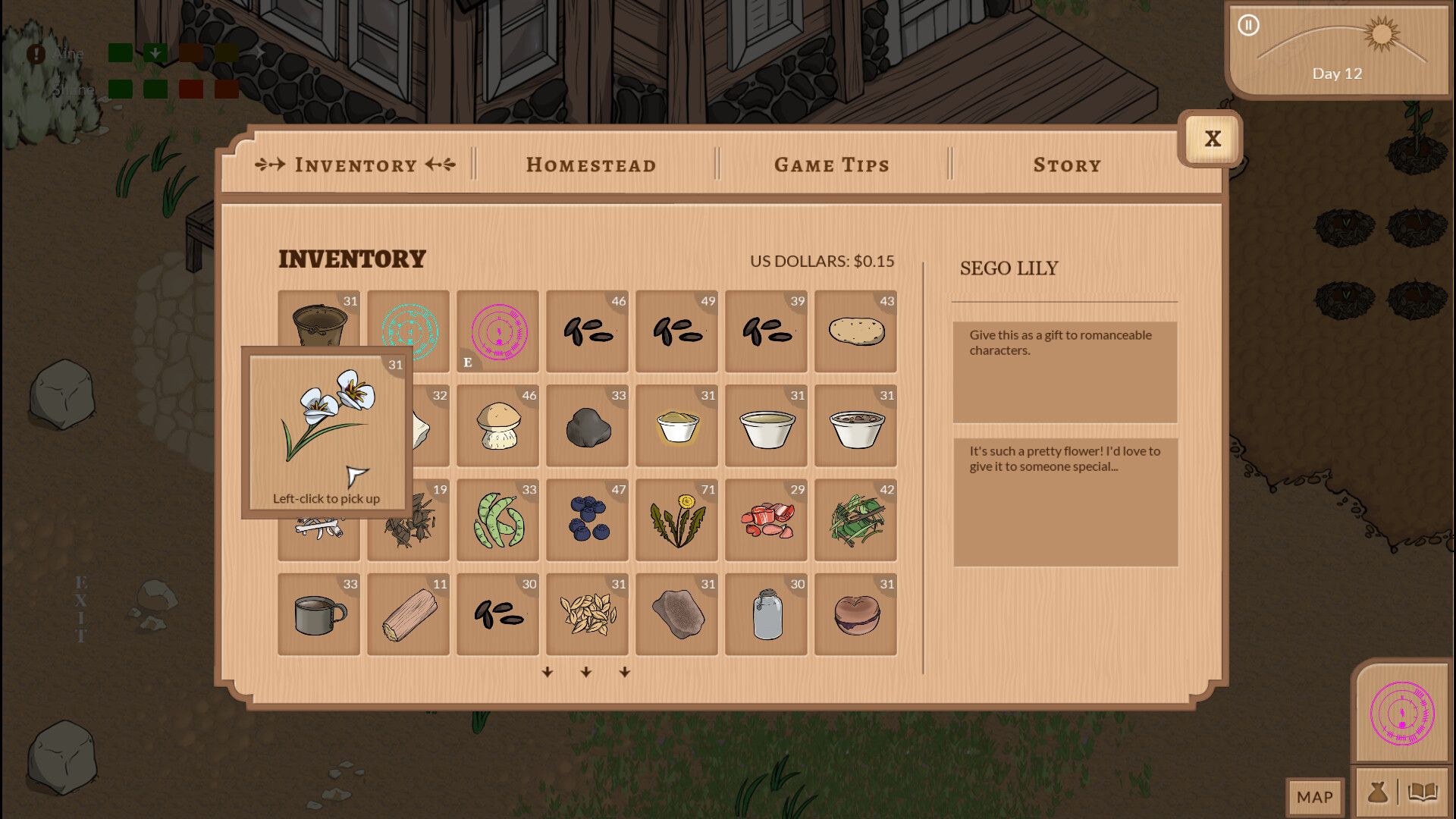 The inventory screen in Veil Of Dust, showing a grid full of seeds, food and other useful crafting ingredients