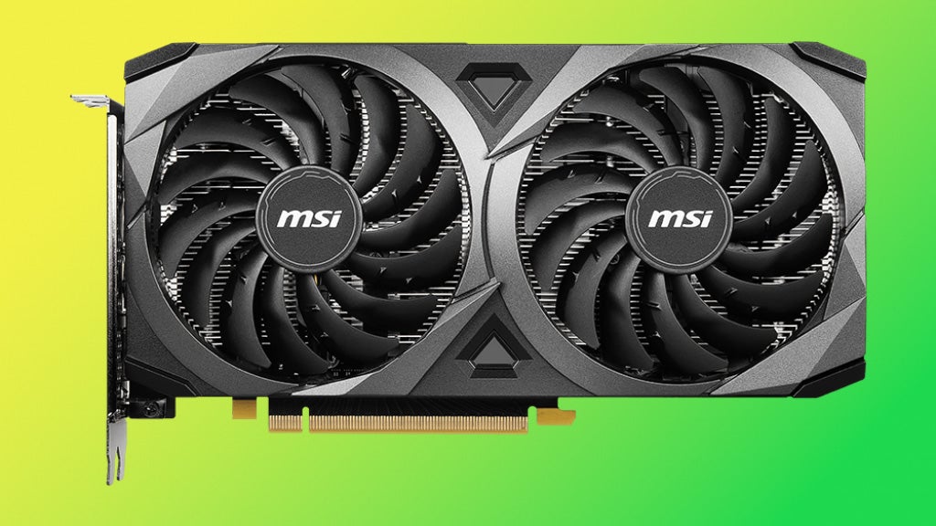 An MSI Ventus RTX 3060 graphics card, shown on a coloured background.