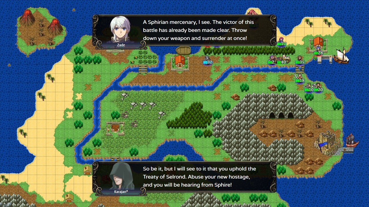 A screenshot of Vestaria Saga 2 showing small sprite characters an overworld map of a tiled land with green grass, mountains, some forests.